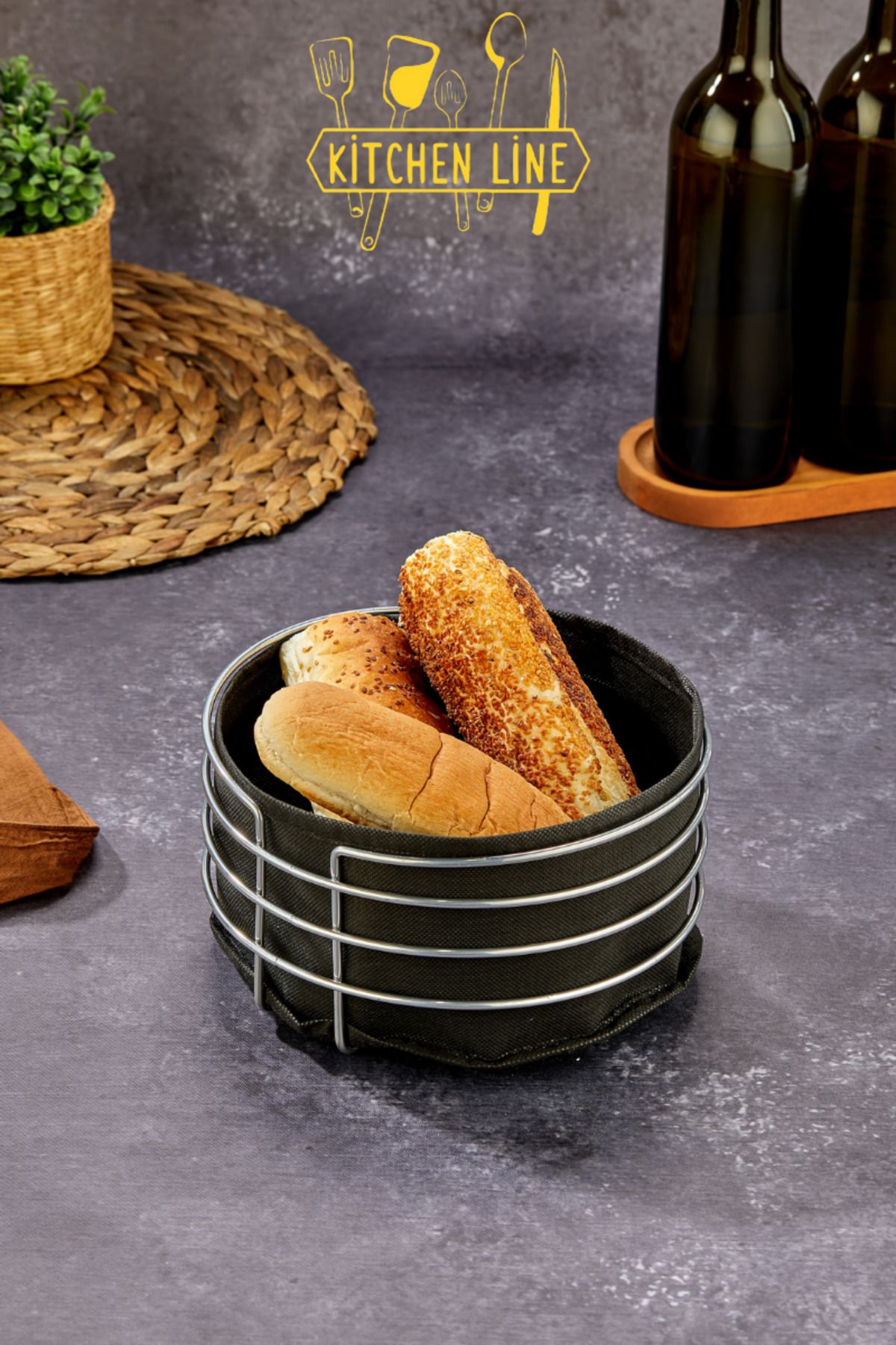 B.A.Y.NUVOLA Yuvarlak Ekmeklik Ekmek Sepeti Çok Amaçlı Lüx Gümüş Paslanmaz Sepet Siyah Kumaş