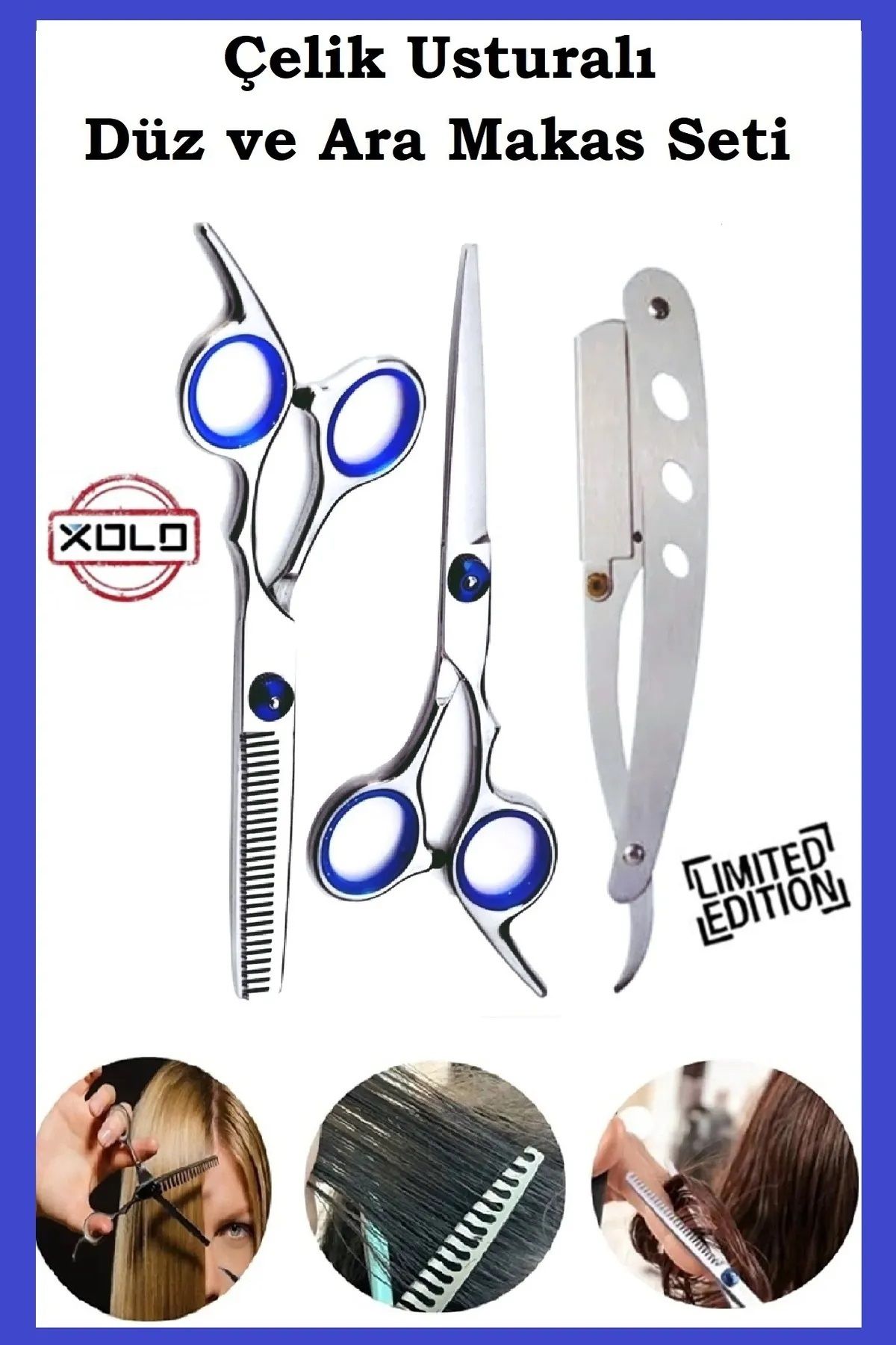 Xolo Çelik Gümüş Usturalı 6.5 inç Profesyonel Berber Kuaför Saç Kesim Ara ve Düz Makas Ustura Seti Xlq515