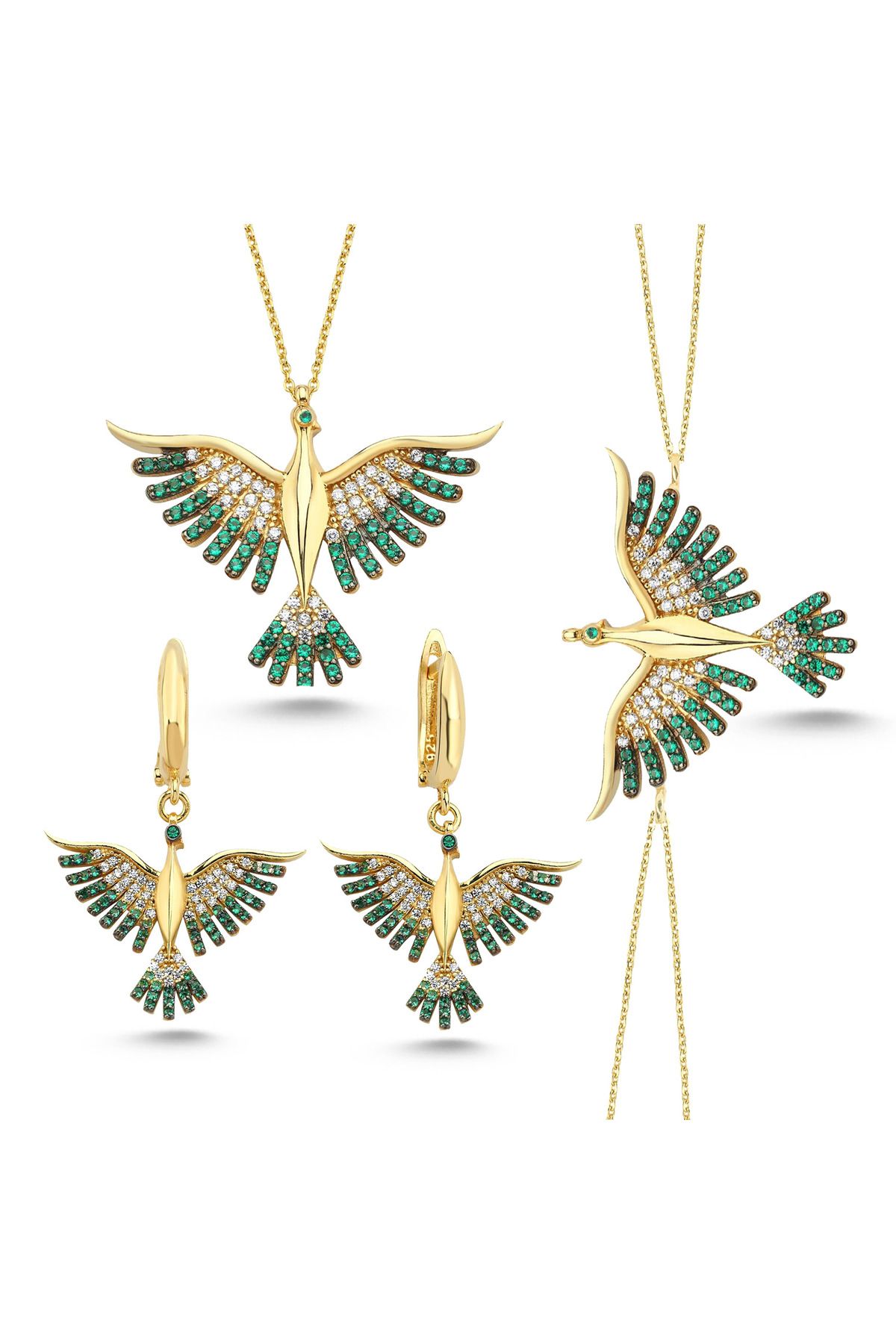 Kayra Mücevher Yeşil Anka Kuşu Altın Kaplama Gümüş Takım AGT01