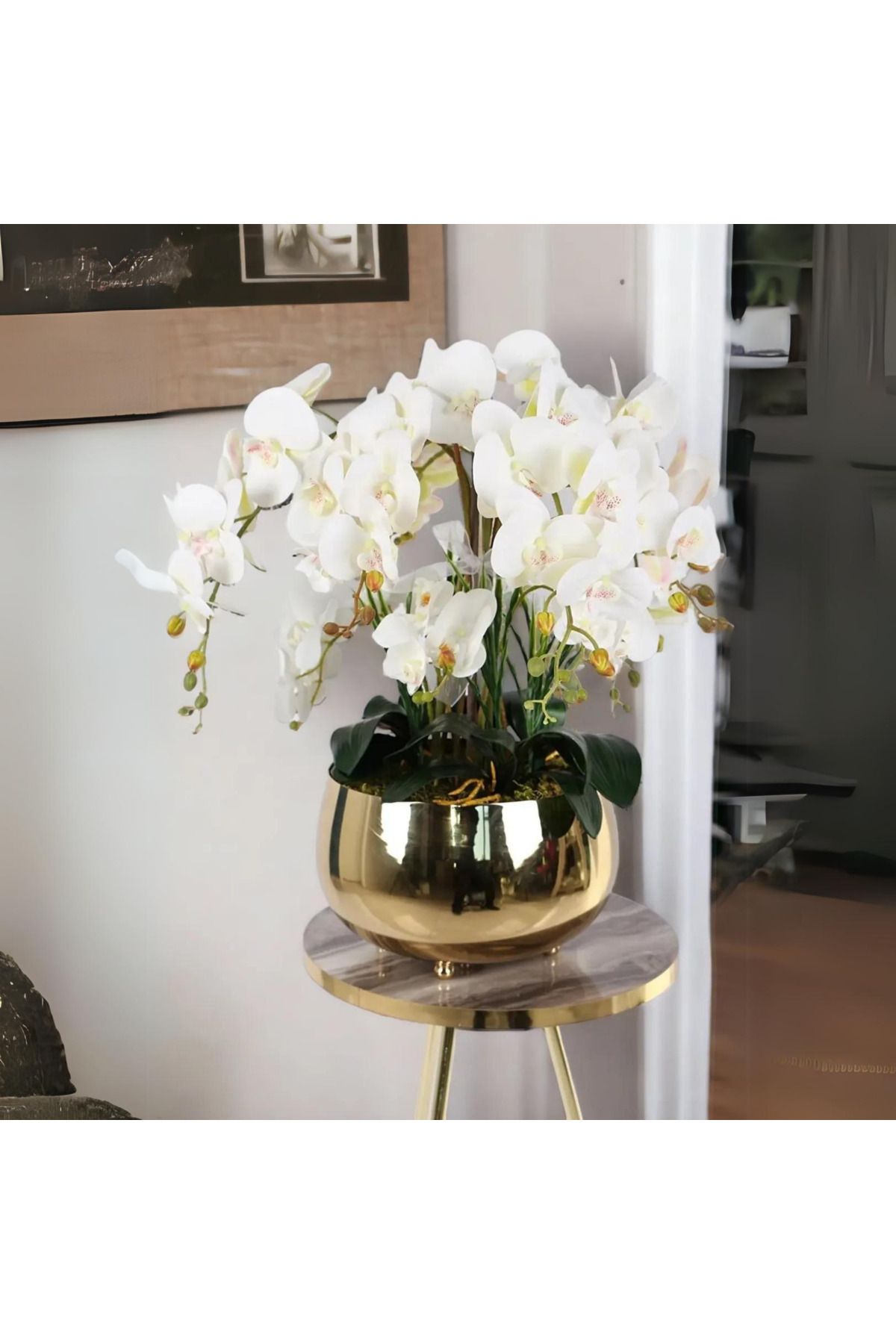 Yaren Style Büyük Gold Metal Orkide Saksısı Vazo / Çiçekler Görsel Amaçlı Kullanılmıştır.