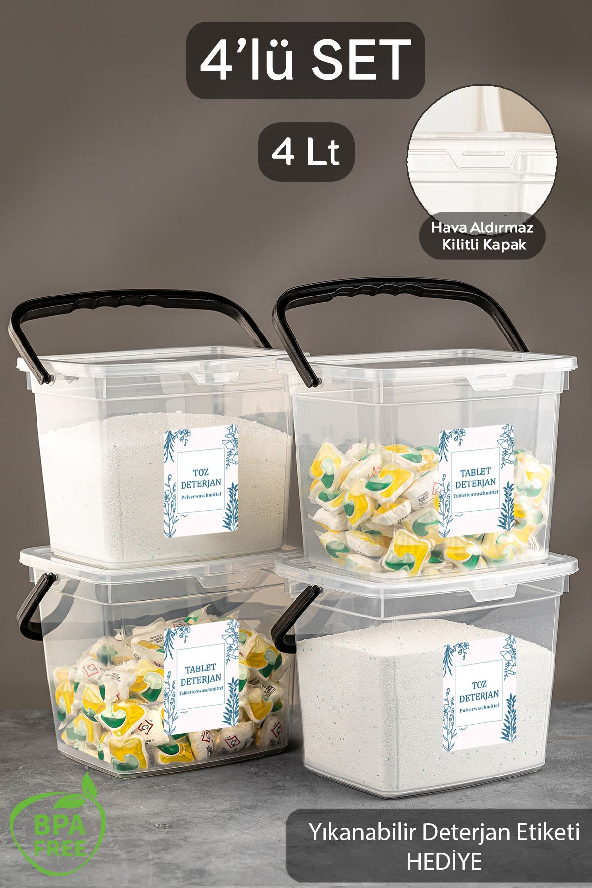 Meleni Home 4'lü Yıkanabilir Etiketli Tablet Toz Deterjan Saklama Kabı Deterjan Saklama Kutusu Şeffaf 4 Litre