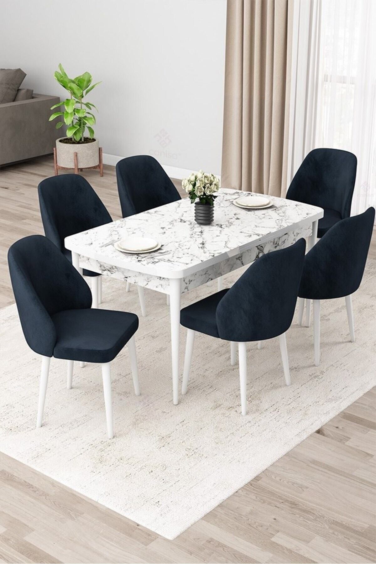 Canisa Orf Serisi 80x132 Açılabilir Beyaz Mermer Desen Mutfak Masası Takımı Ve 6 Antrasit Sandalye