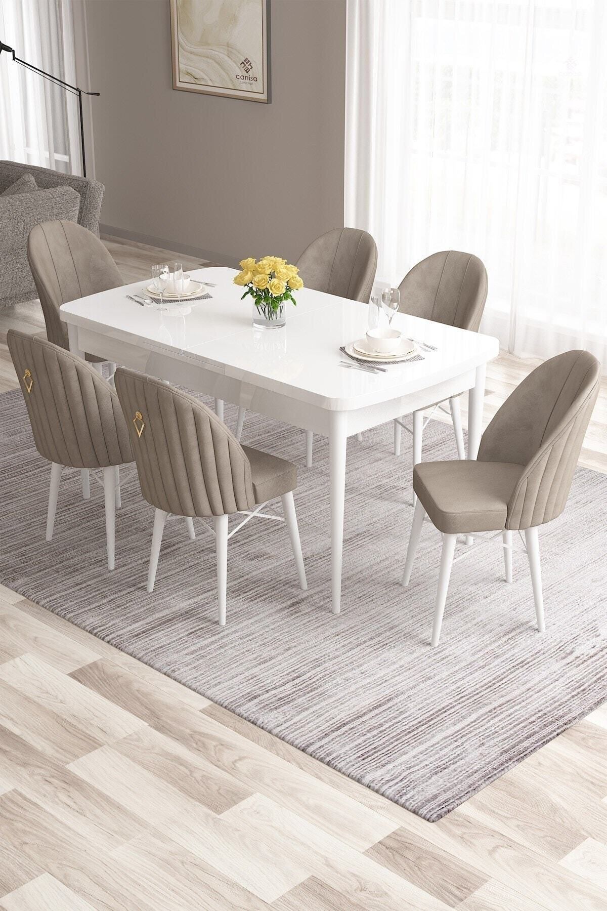 Canisa Roz Serisi,80x132 Mdf Açılabilir Beyaz Mutfak Masası Takımı 6 Cappucino Sandalye Gold Halkalı