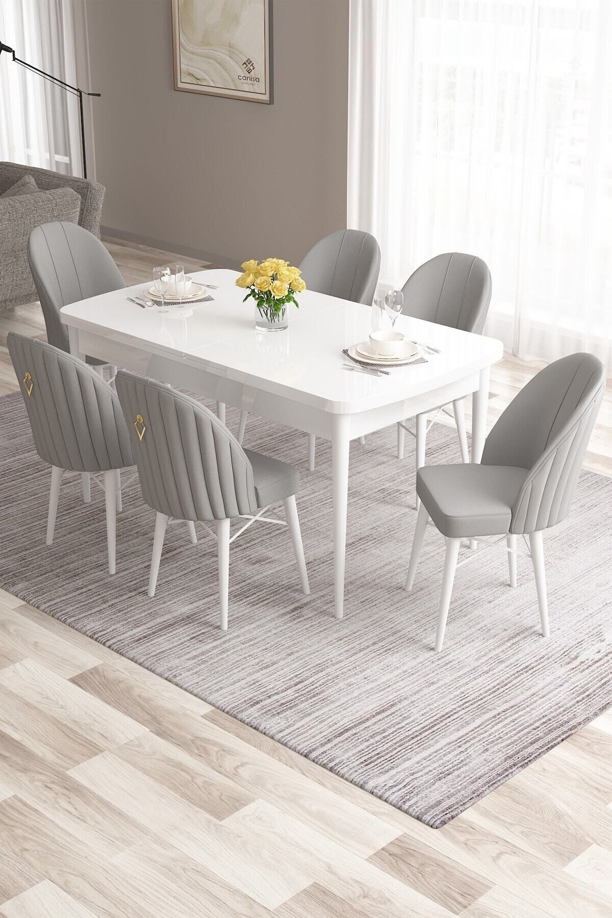Canisa Roz Serisi,80x132 Mdf Açılabilir Beyaz Mutfak Masası Takımı 6 Gri Sandalye Gold Halkalı