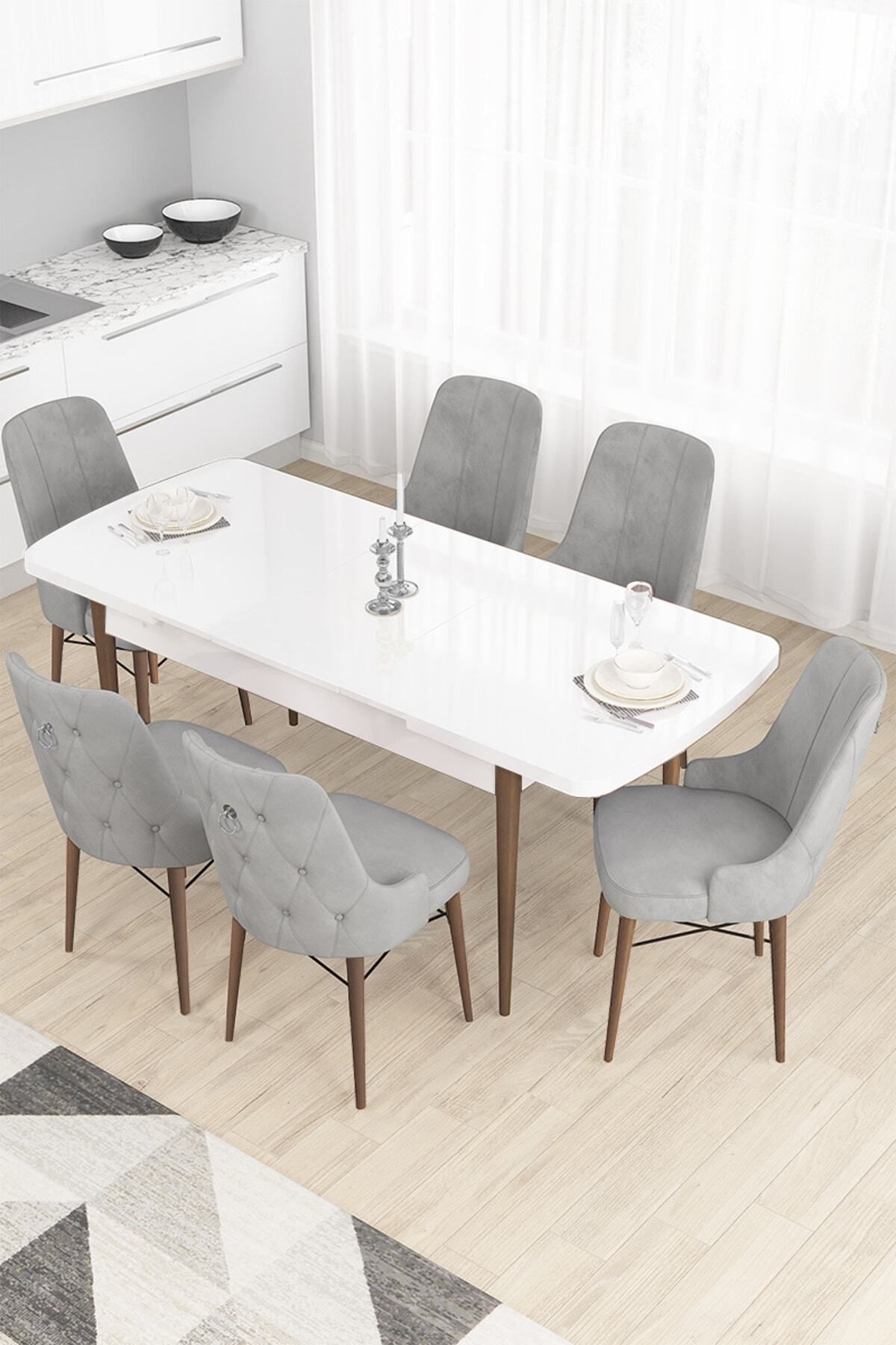 Canisa Concept Taç Serisi, 80x132 Beyaz Masa Ceviz Ayak Yemek Masası Takımı, 6 Gri Sandalye Gümüş Halkalı