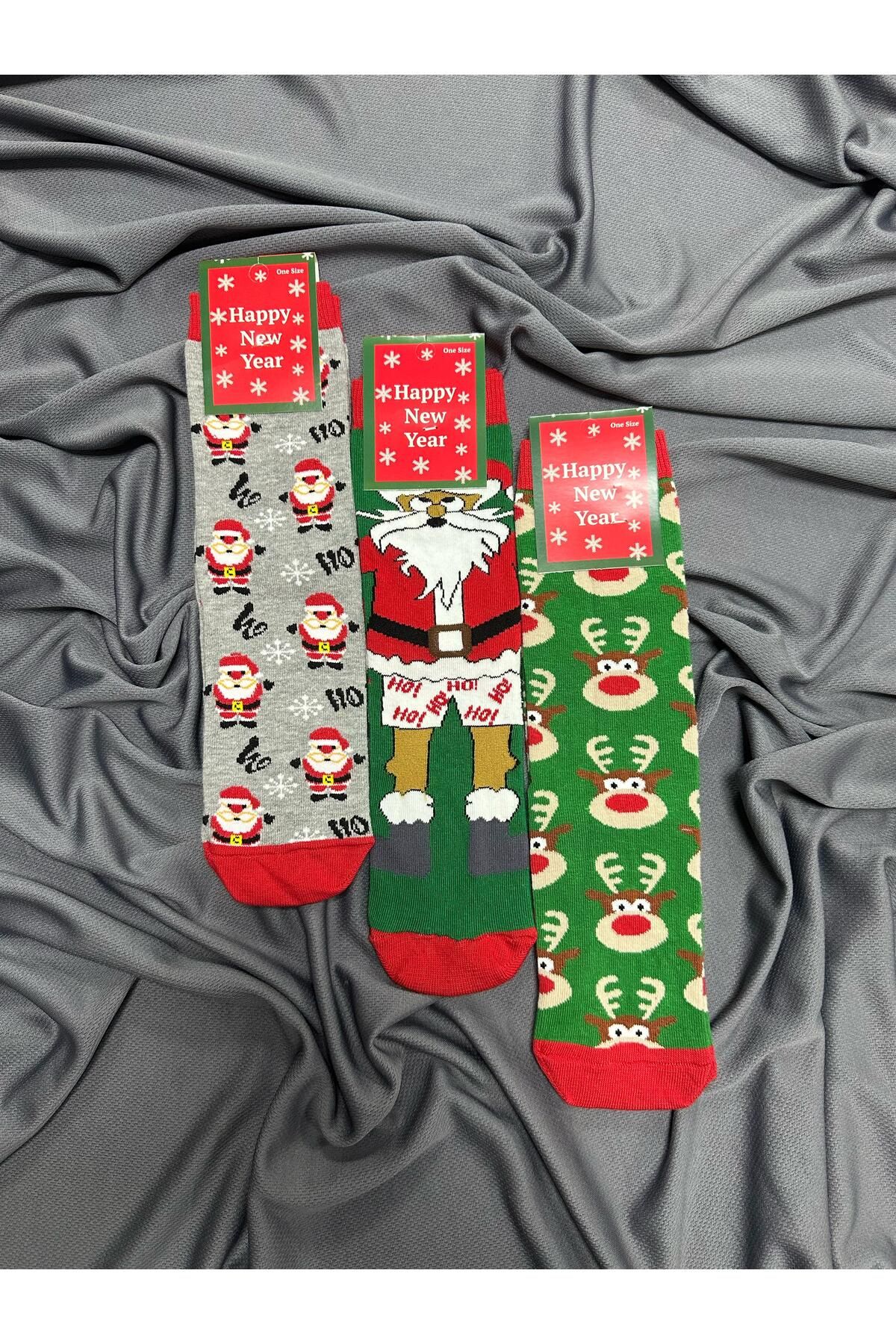 KRC & GLOBAL TEKSTİL Unisex Yılbaşı - Noel - Christmas Temalı Çoraplar 3'Lü