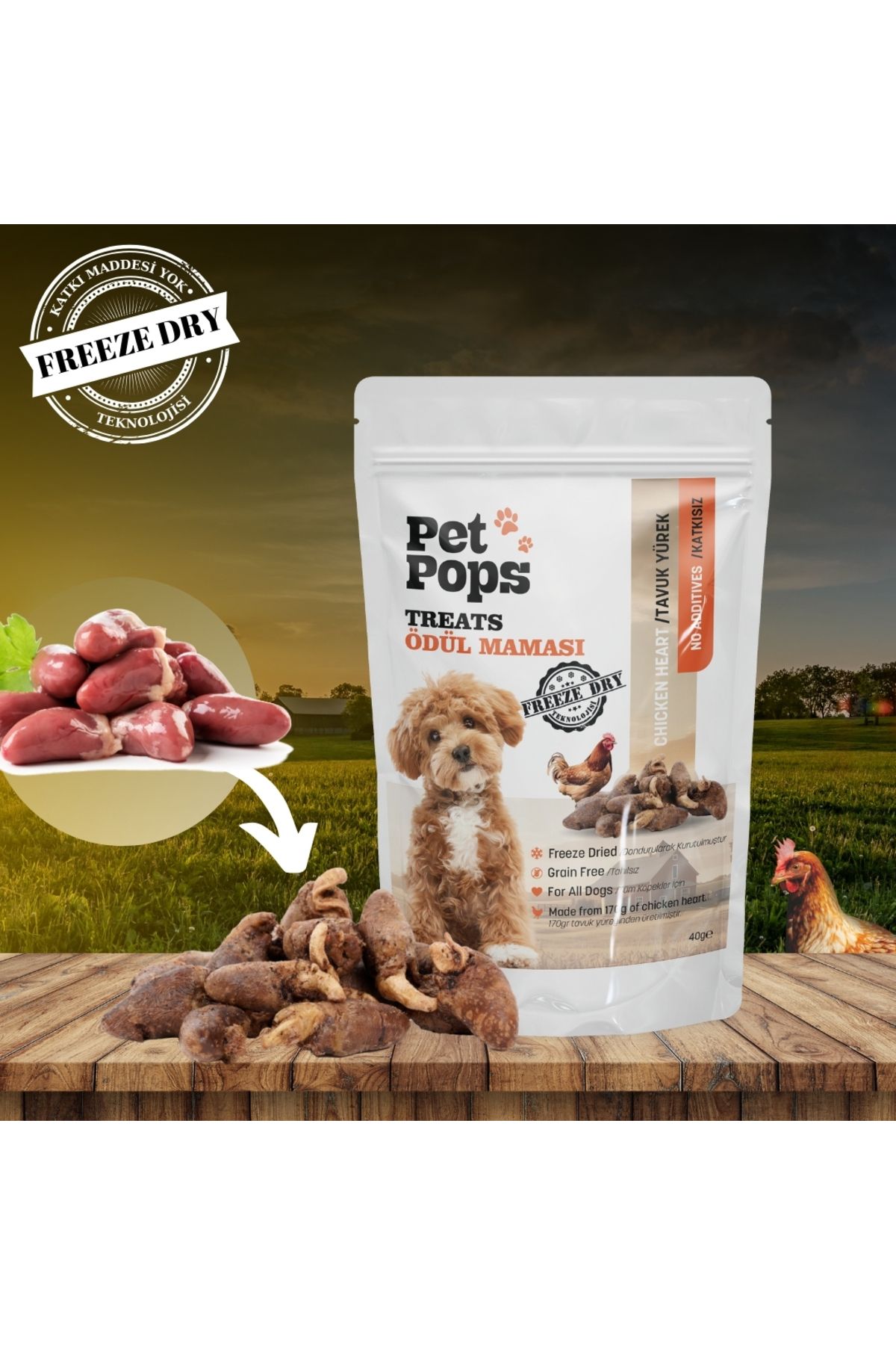 PET POPS Tavuk Yürek – Freeze Dry , Köpek Ödül Maması %100 Katkısız