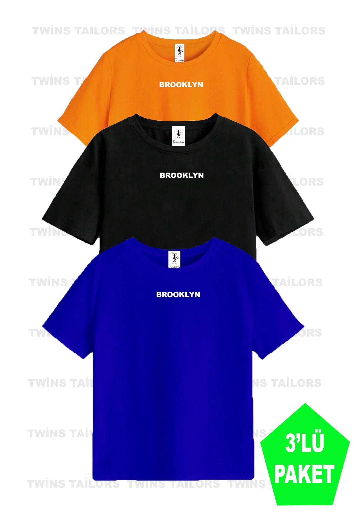 twins tailors Brooklyn Baskılı 3'lü Paket Unisex Turuncu-Siyah-Saks Mavisi Çocuk Tişört/T-Shirt