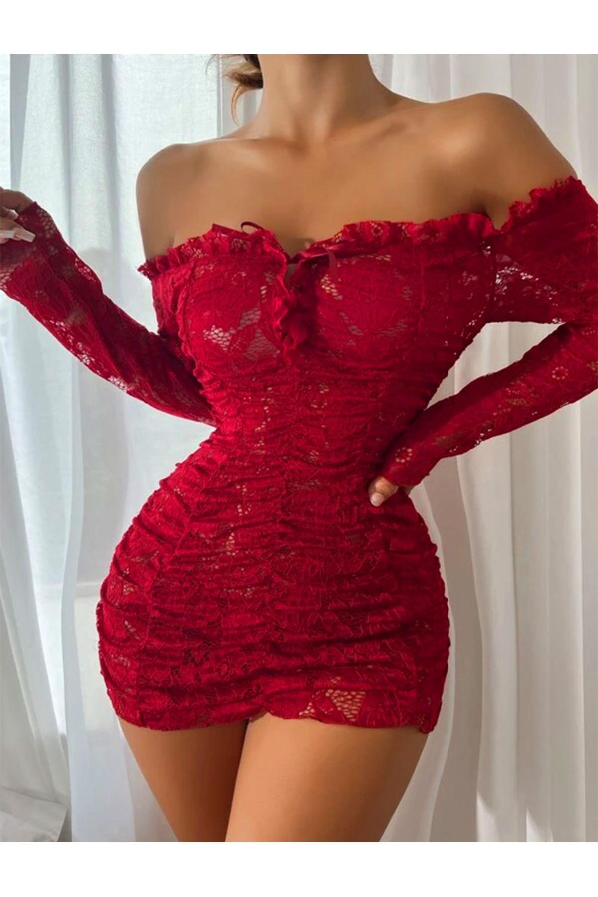 my cherie Dantel Büzgülü Özel Çekici Kadın Mini Elbise Kırmızı