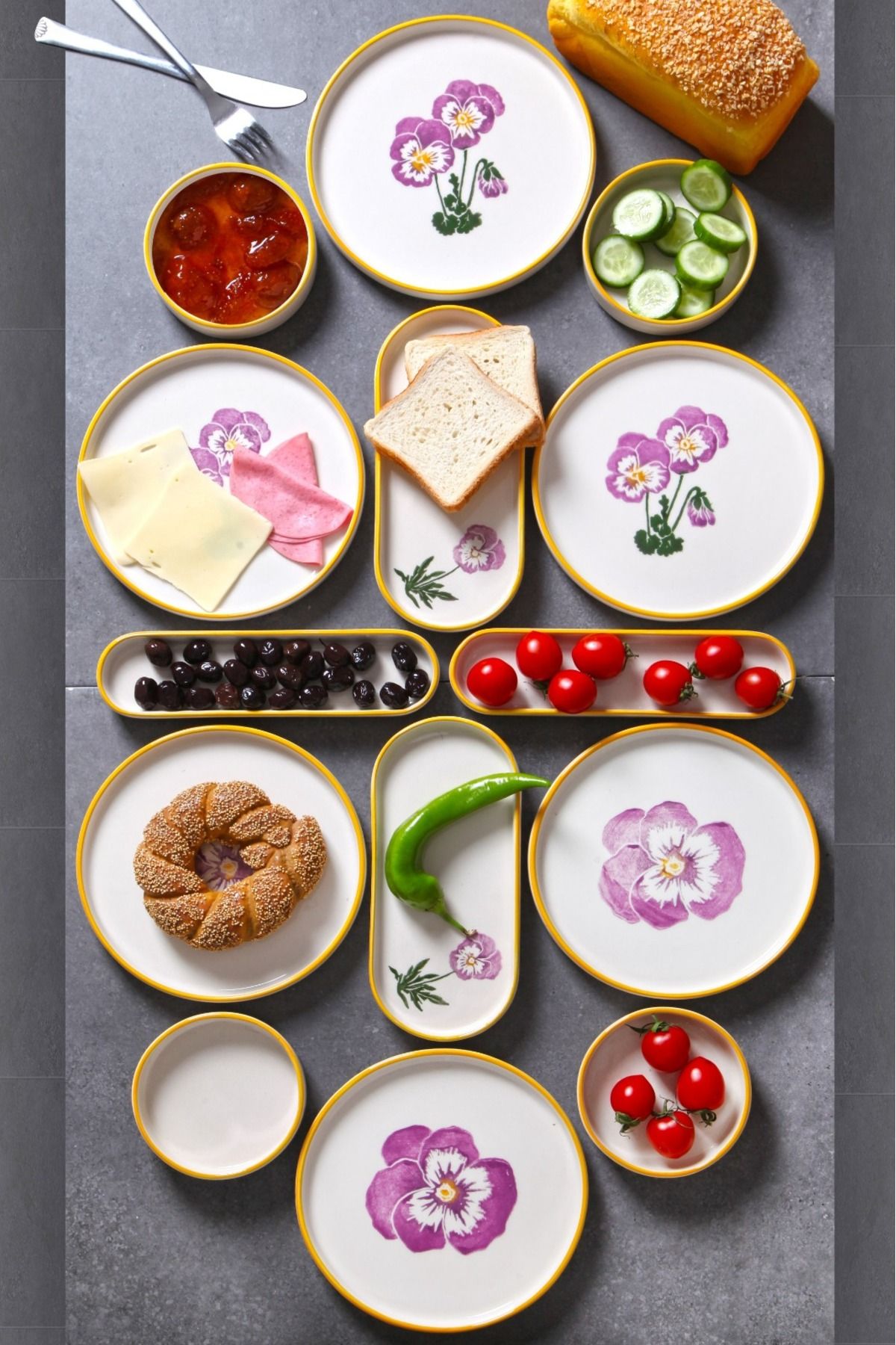 Çavdar Group 14 Parça 6 Kişilik Stackable Menekşe Kahvaltı Takımı Handmade Özel Tasarım Kahvaltı Seti Kahvaltılık