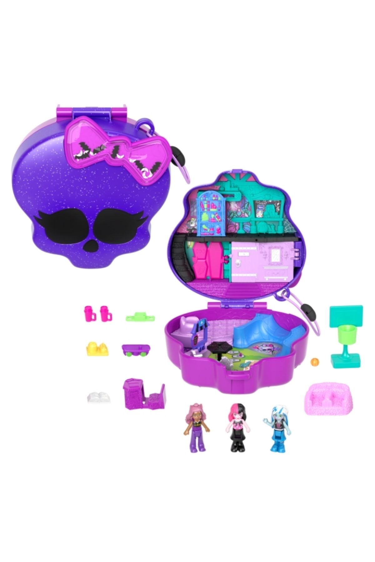 Polly Pocket Monster High Temalı Oyun Seti 3 Mini Bebek Ve 10 Aksesuar Lisanslı Ürün