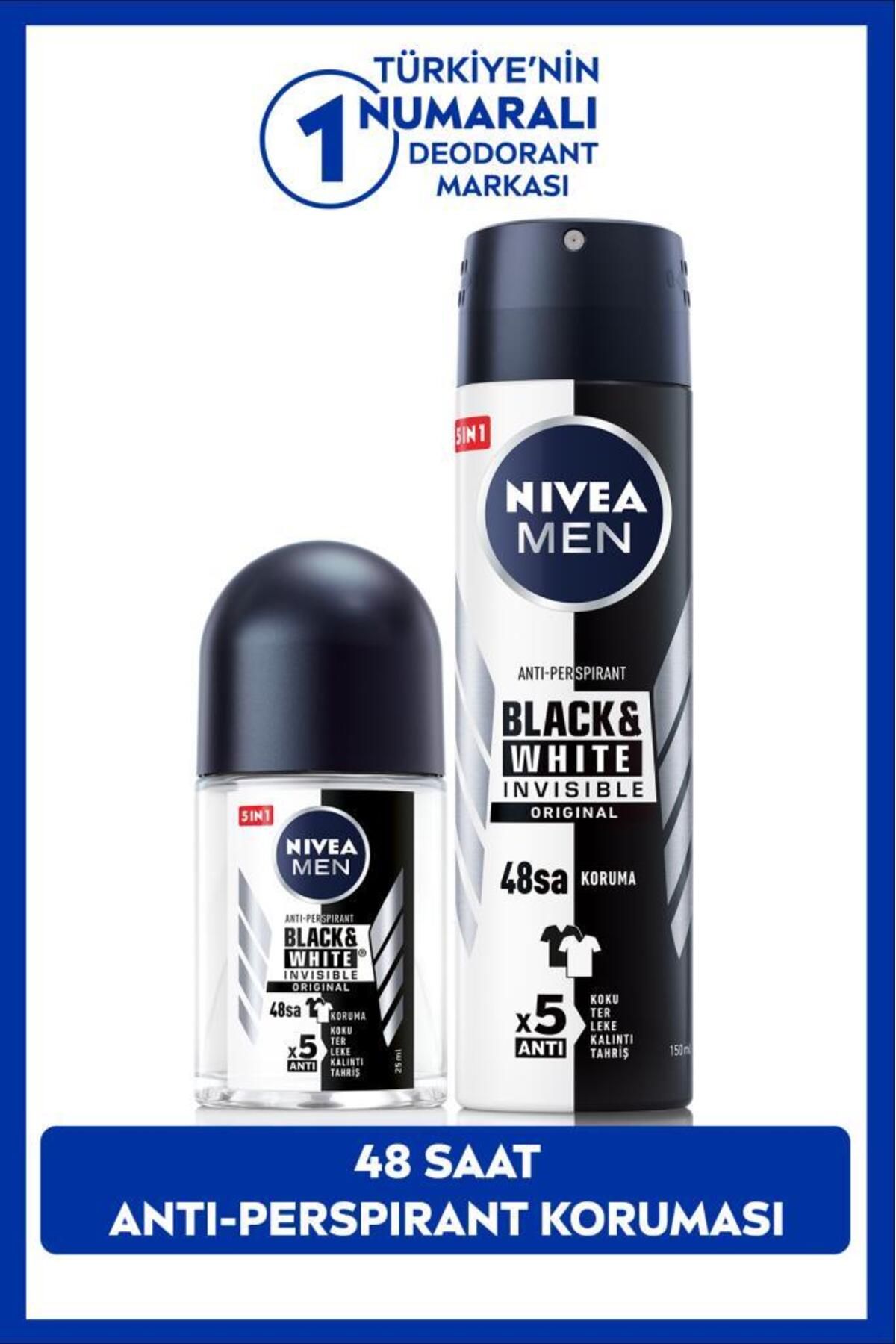 NIVEA Men Erkek Sprey Deodorant Black&white 150ml Ve Mini Roll-on Black&white 25ml, 48 Saat Koruma