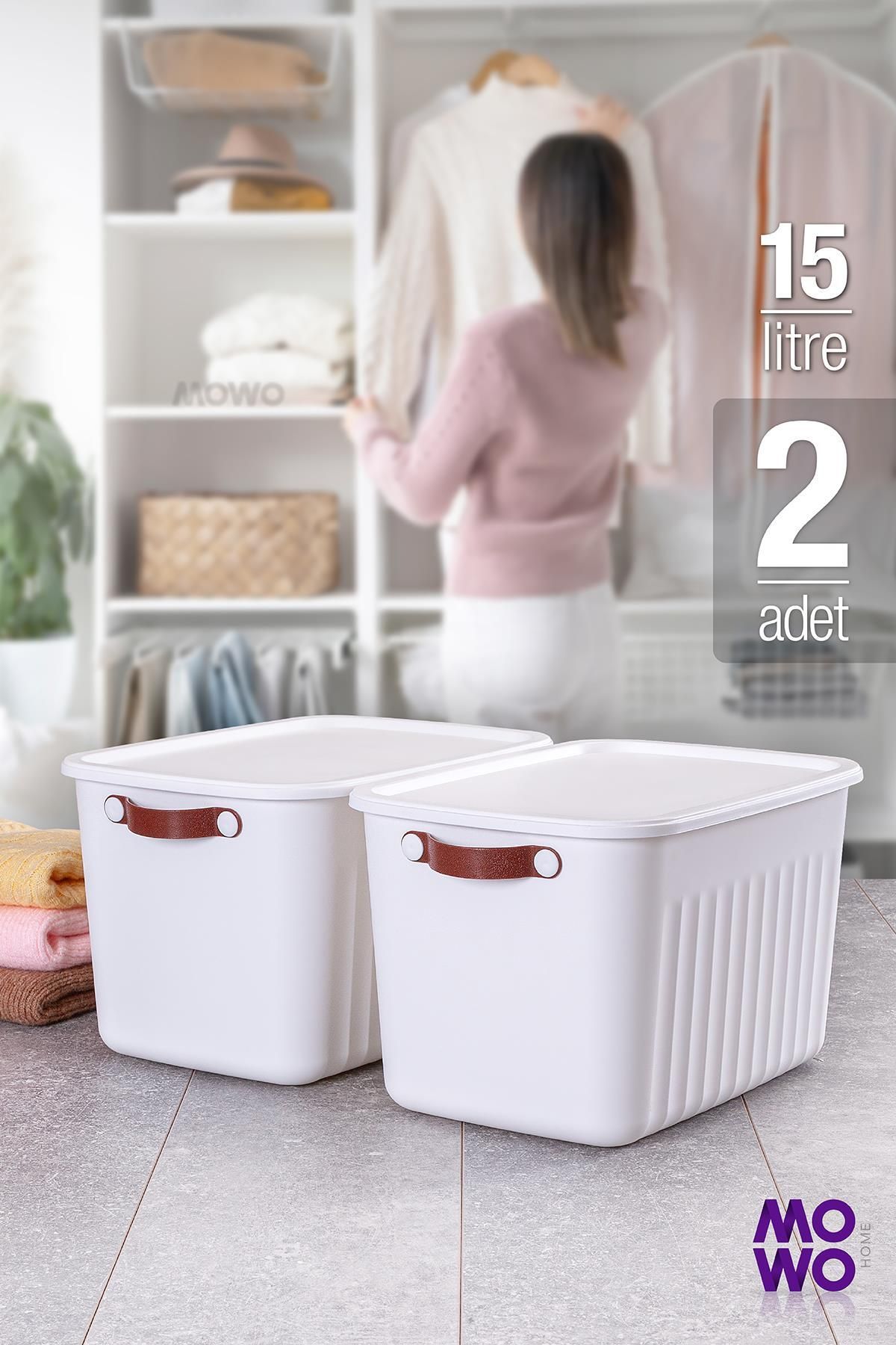 Mowo Home Storage Box Beyaz 2 Adet 15 Lt Çok Amaçlı Düzenleyici Kapaklı Kutu, Dekoratif Saklama Kutusu, Organi