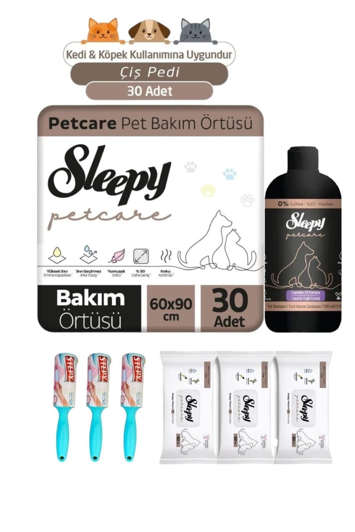 Sleepy Çiş Pedi 60x90 Pet Temizlik Mendili Evcil Hayvan Şampuanı 500 ml Stepy Tüy Toplama 3 Adet