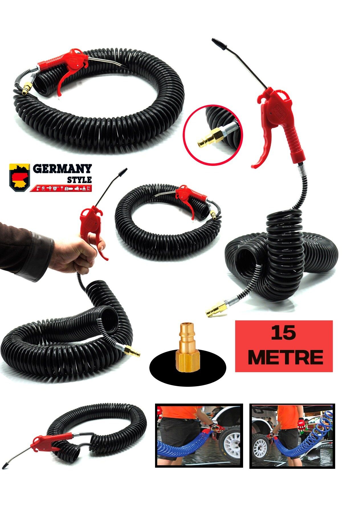 Germany Style BIGWORKER Yüksek Kalite 15 Metre Spiral Hortum ve Hava Tabancası Seti