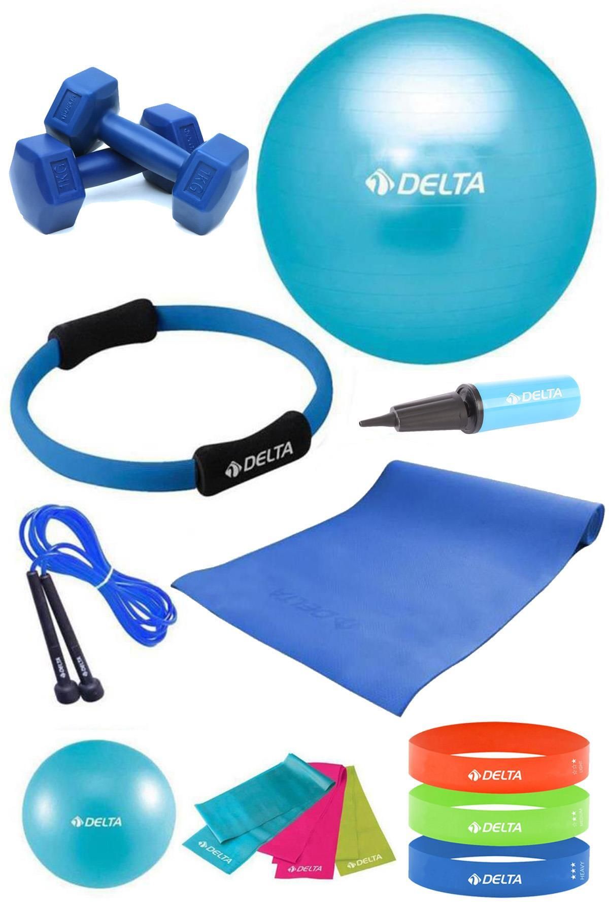 Delta 13 Parça Pilates Seti 85 Cm Topu 4 Mm Minderi Çemberi 6 Direnç & Squat Bandı 1 Kg Dambıl atlama ipi