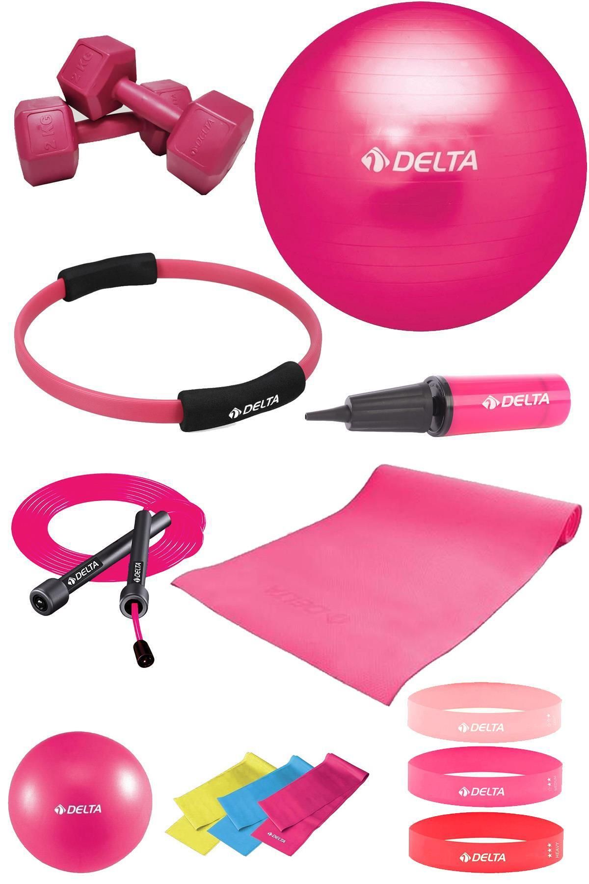 Delta 13 Parça Pilates Seti 65 Cm Topu 4 Mm Minderi Çemberi 6 Direnç & Squat Bandı 2 Kg Dambıl atlama ipi