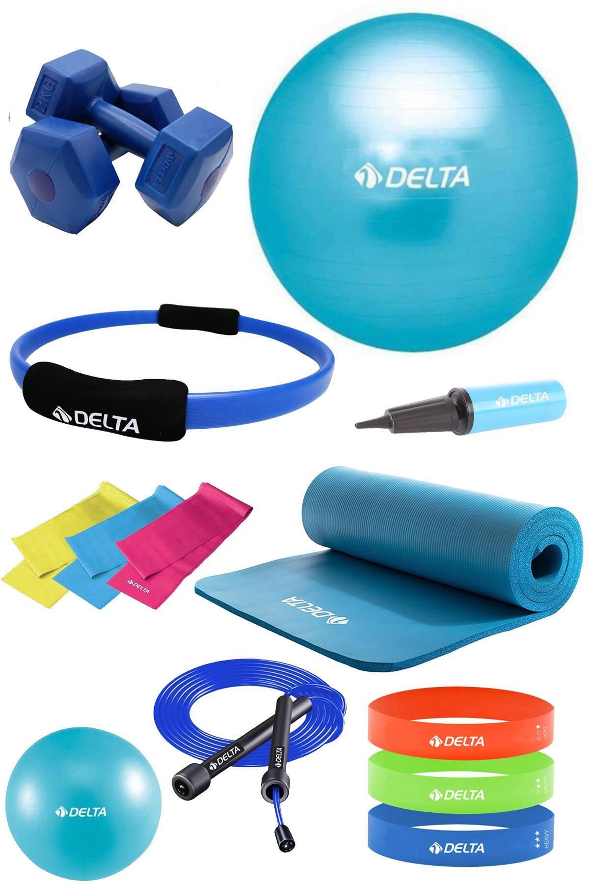 Delta 14 Parça Pilates Seti 55 Cm Topu 15 Mm Minderi Çemberi 6 Direnç & Squat Bandı 2 Kg Dambıl atlama ipi