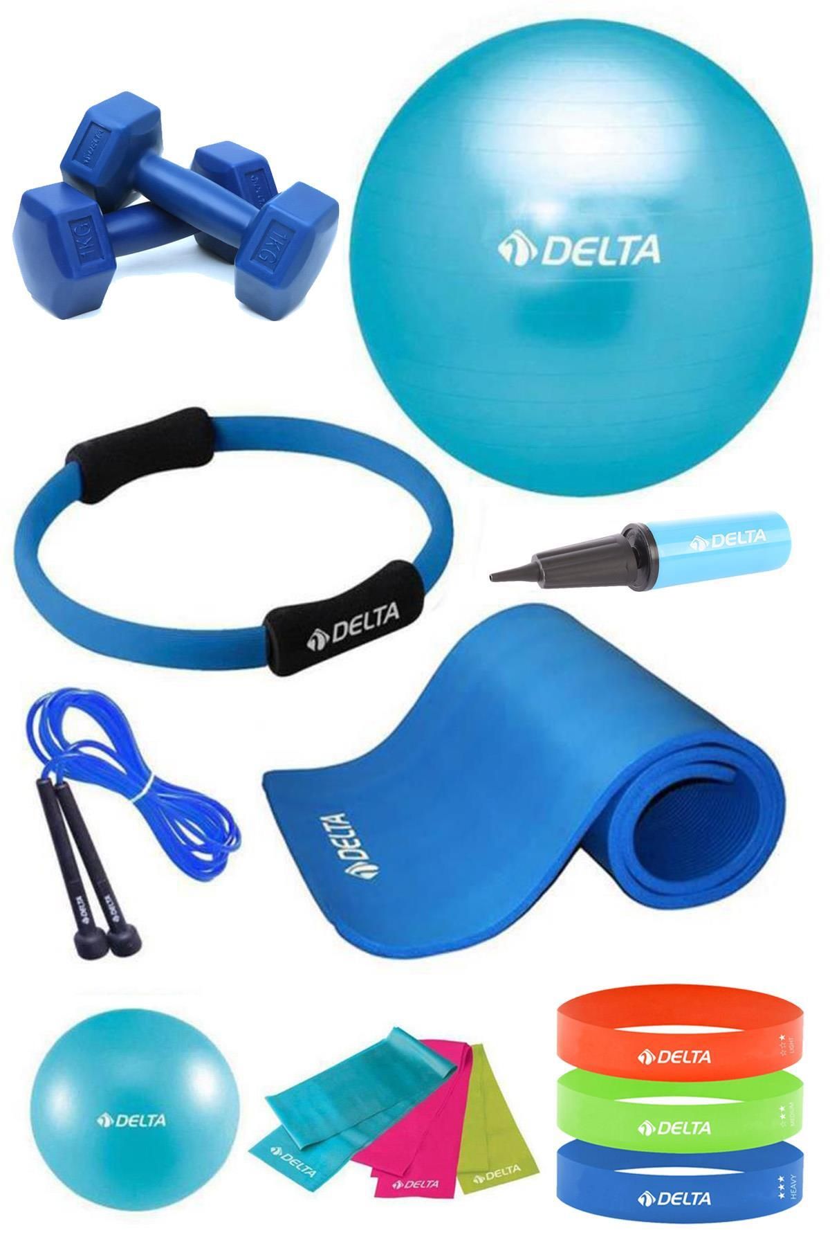 Delta 13 Parça Pilates Seti 85 Cm Topu 10 Mm Minderi Çemberi 6 Direnç & Squat Bandı 1 Kg Dambıl atlama ipi