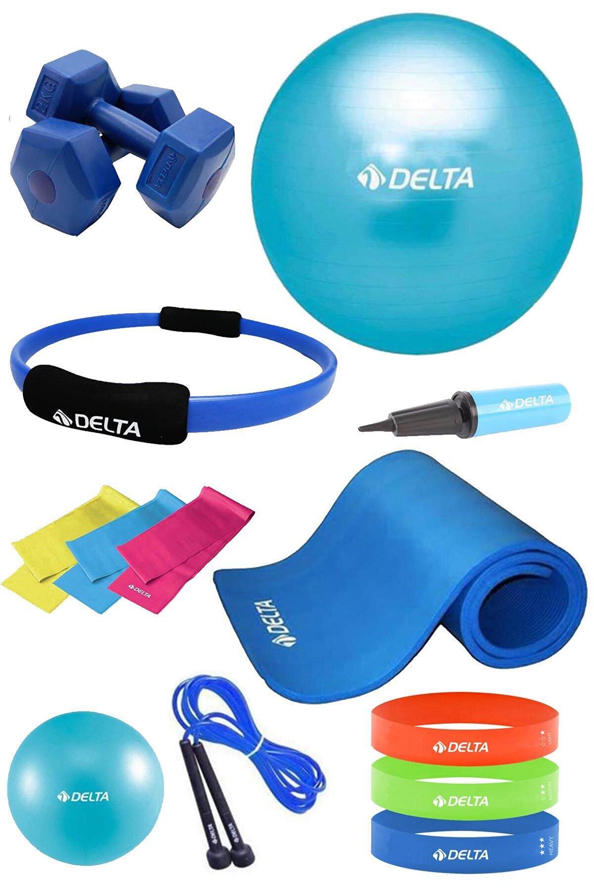 Delta Pilates Seti 85 Ana & 20 Cm Denge Topu 10 Mm Minderi Çemberi 3lü Direnç Bandı 2 Kg Dambıl atlama ipi