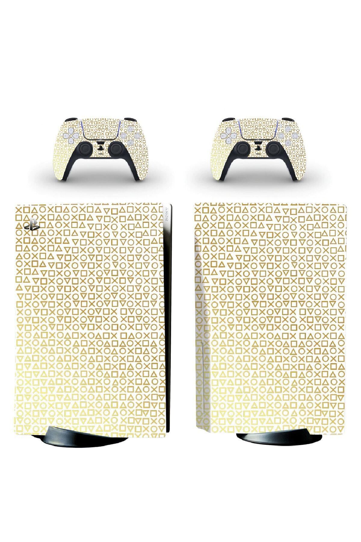 Kt Grup Beyaz Arkaplan Gold Kol Düğmeleri Playstation 5 Standart Disk Edition Sticker Kaplama Seti