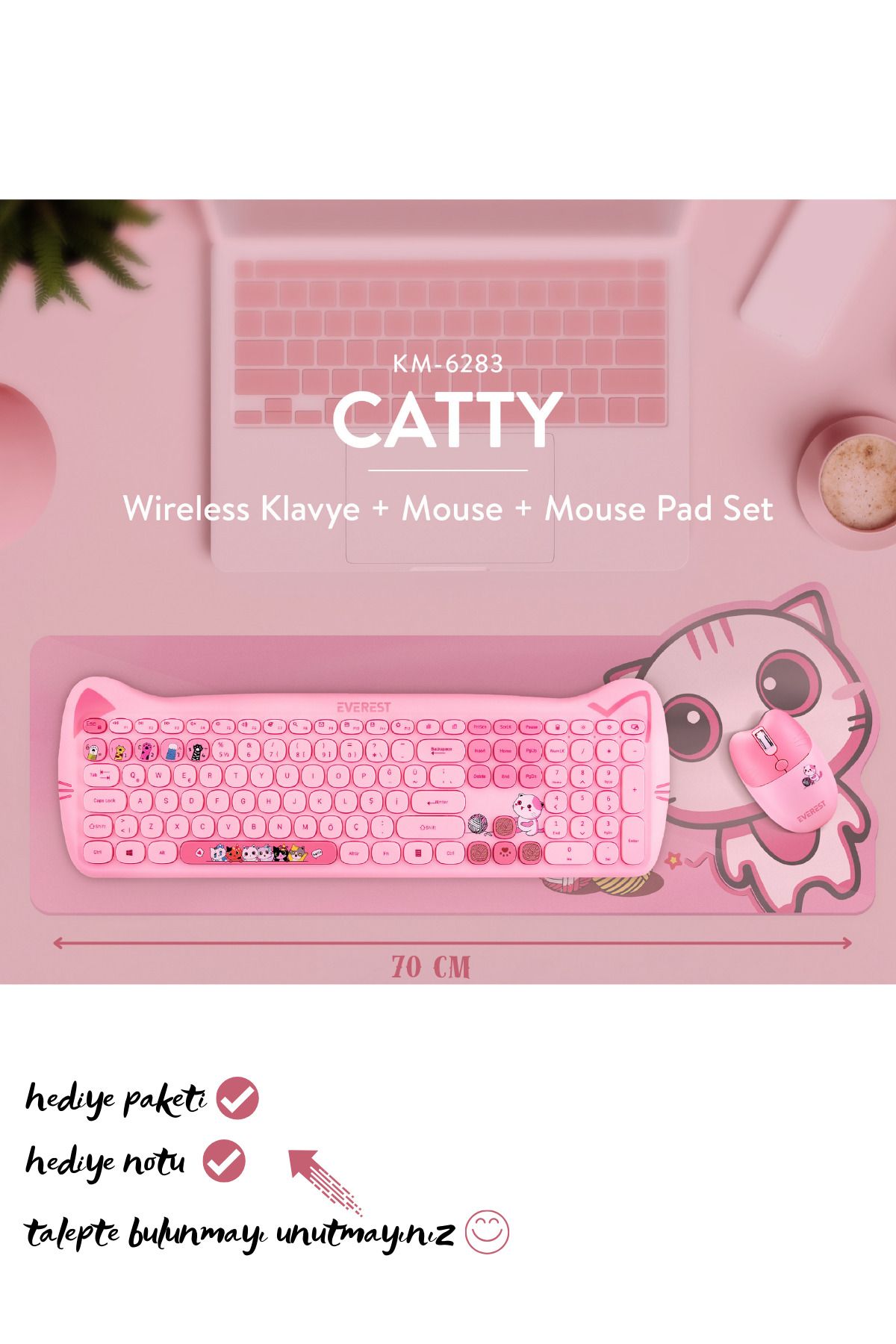 Everest Catty Pembe Wireless/ Kablosuz Bağlantılı Ultra Sessiz Özel Tasarımlı Q Klavye Mouse Mouse Pad Set