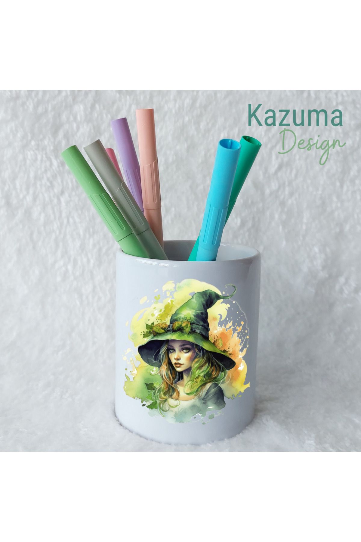 Kazuma Design Sihirbaz Kadın Basklı Seramik Kalemlik Masa Üstü Kalem Kutusu