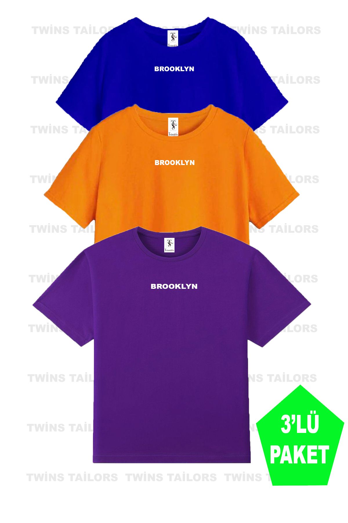 twins tailors Brooklyn Baskılı 3'lü Paket Unisex Saks Mavisi-Turuncu-Mor Çocuk Tişört/T-Shirt