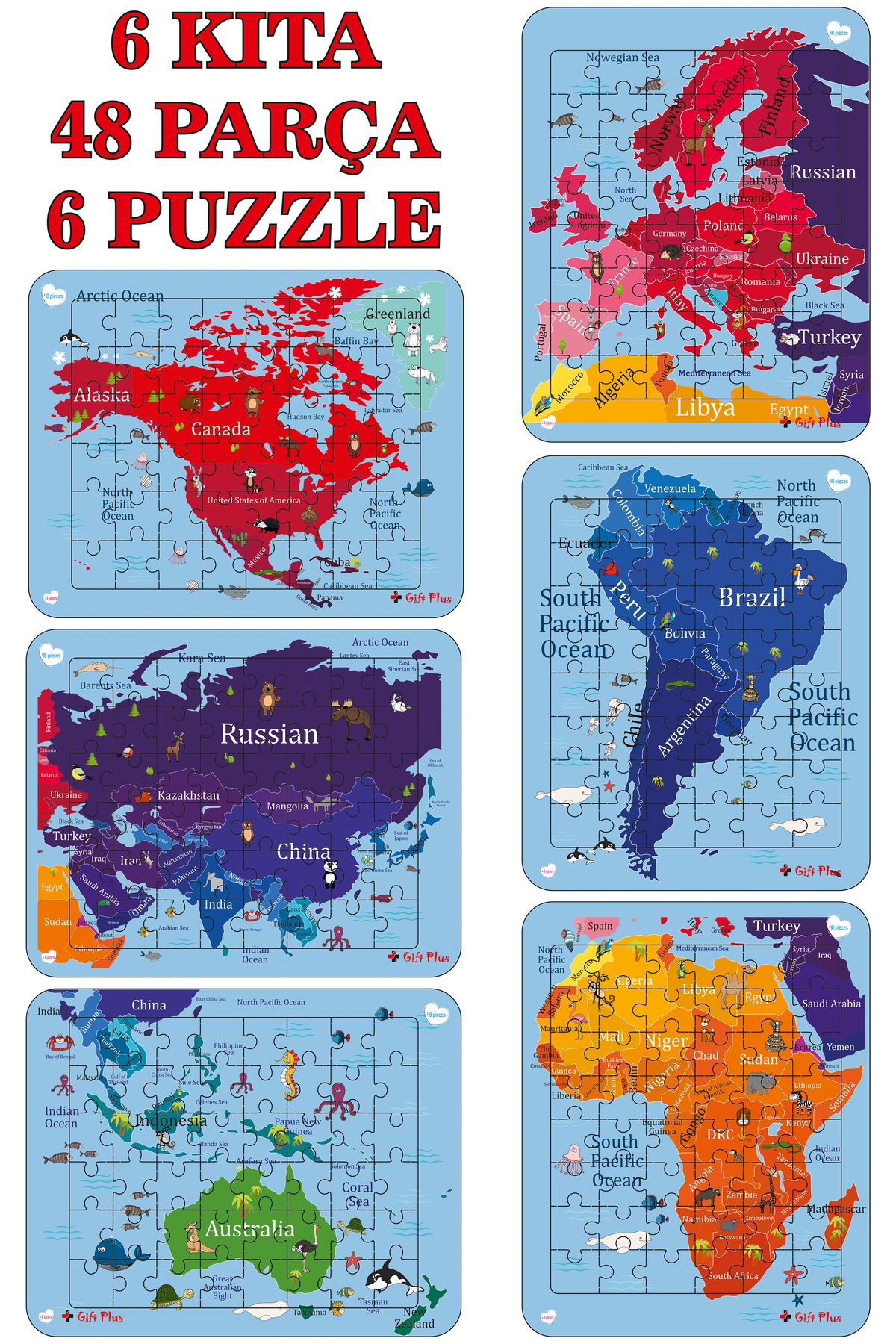 gift plus Ahşap Eğitici Dünya Haritası Puzzle Yapboz 6'li Set 288 Parça