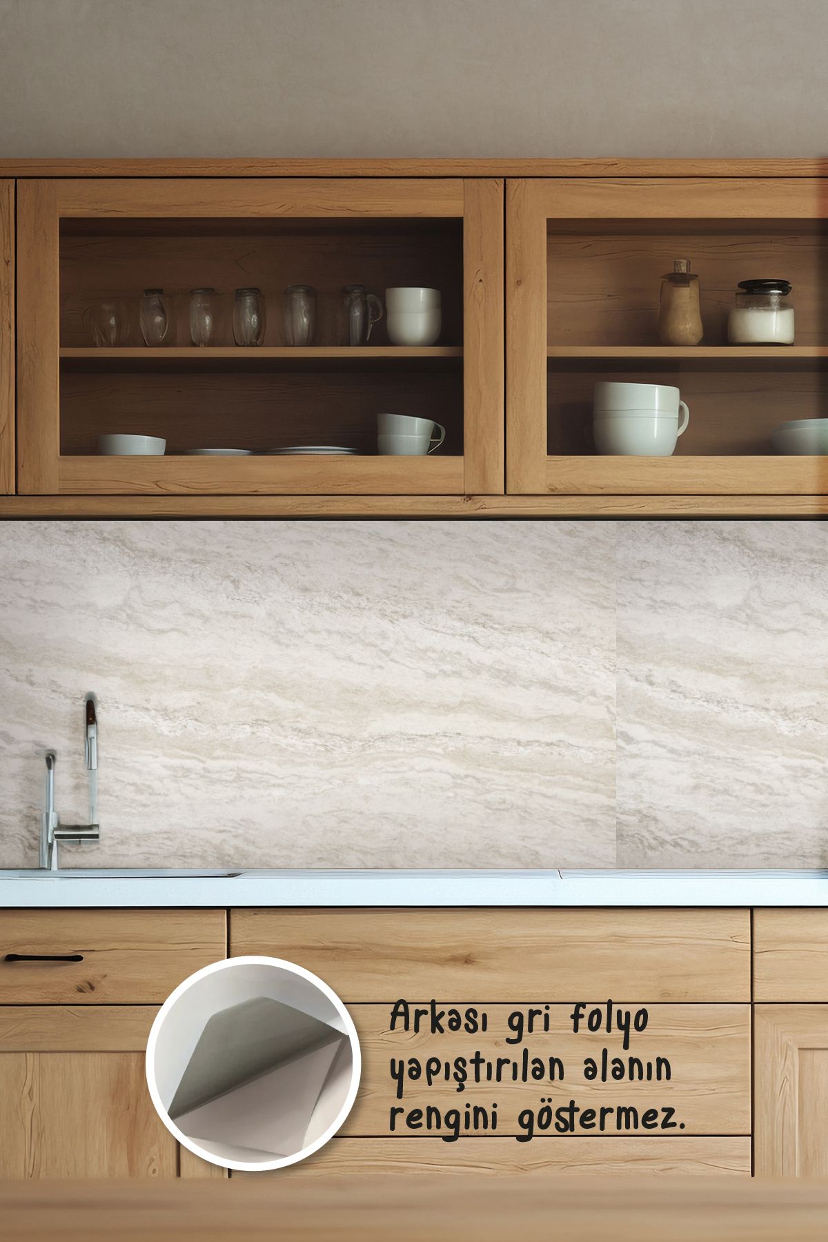 Tooall Mutfak Tezgah Arası Beyaz Desenli Folyo Kaplama Sticker, Uv Baskı, 100x50 cm