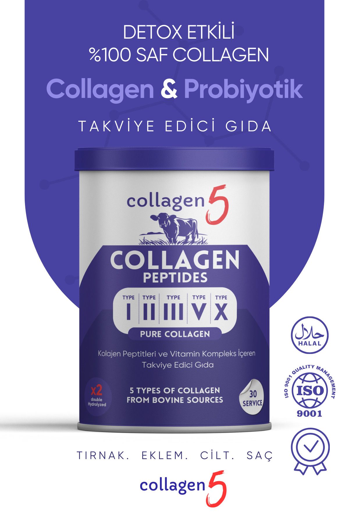 Collagen5 Collagen %100 Saf Ve Doğal Yüksek Biyoaktif Çift Hidrolize Kolajen Peptit Diyet Takviyesi 30 Günlük