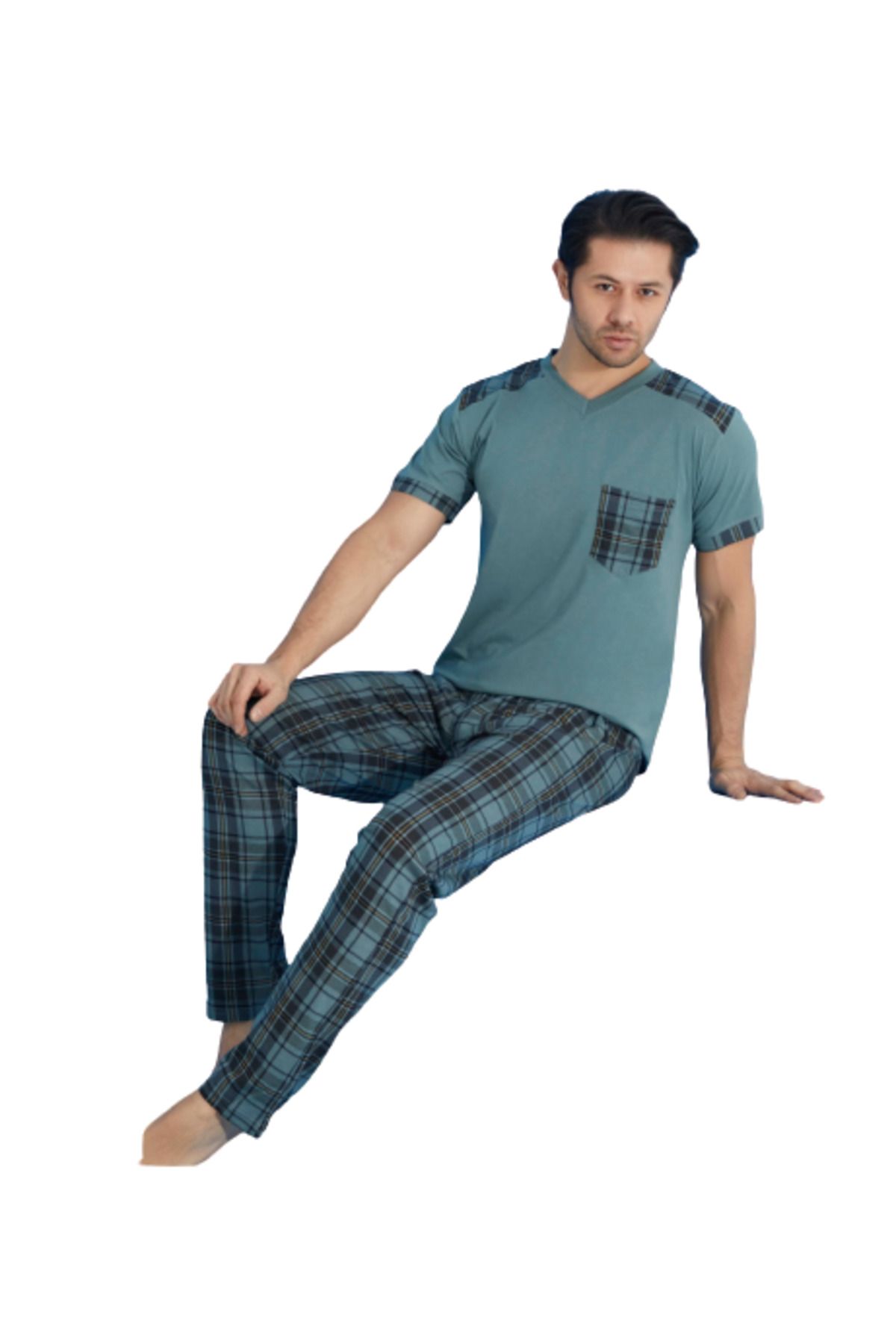Tarık Erkek %100 Pamuklu Penye Kumaş V Yaka Yeşil Ekose Desen Cepli Kısa Kollu Pijama Takımı