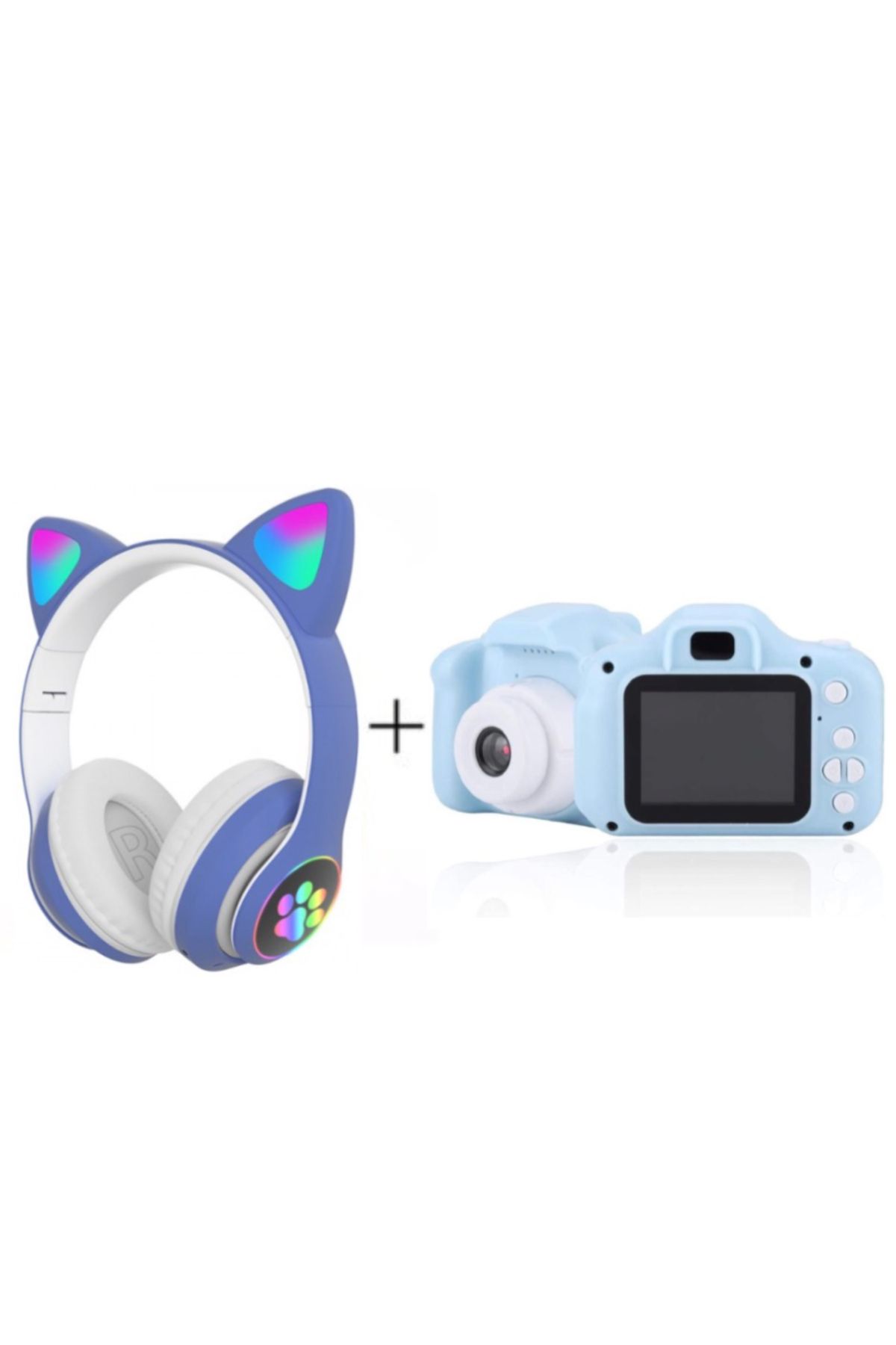 Ally Işıklı Kedi Kulaklık Bluetooth+Çocuk Özel Mavi Mini Hd Çocuk Dijital Fotoğraf Makinesi-Video Kamera
