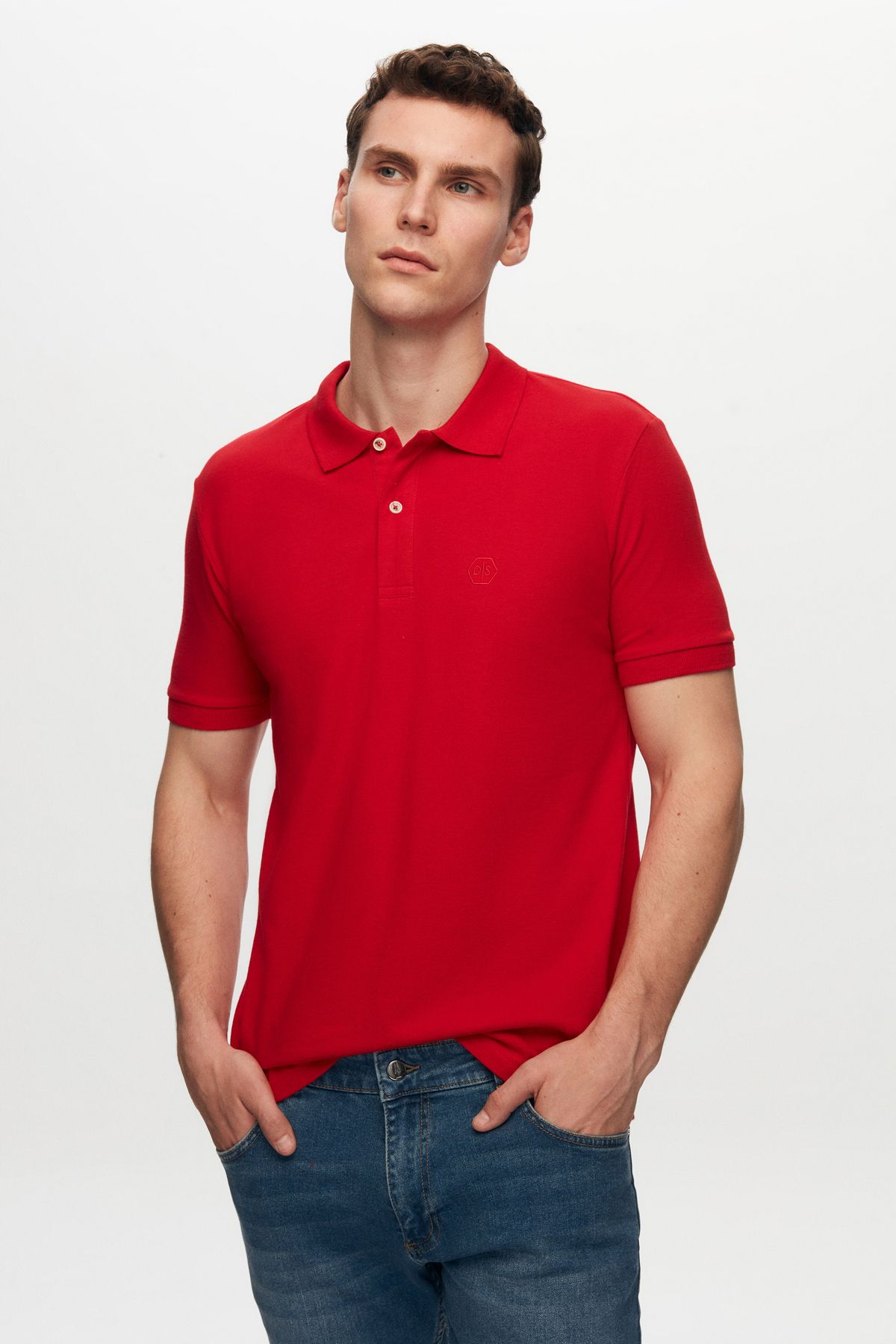 D'S Damat Regular Fit Kırmızı Pike Dokulu %100 Pamuk Polo Yaka Nakışlı T-shirt