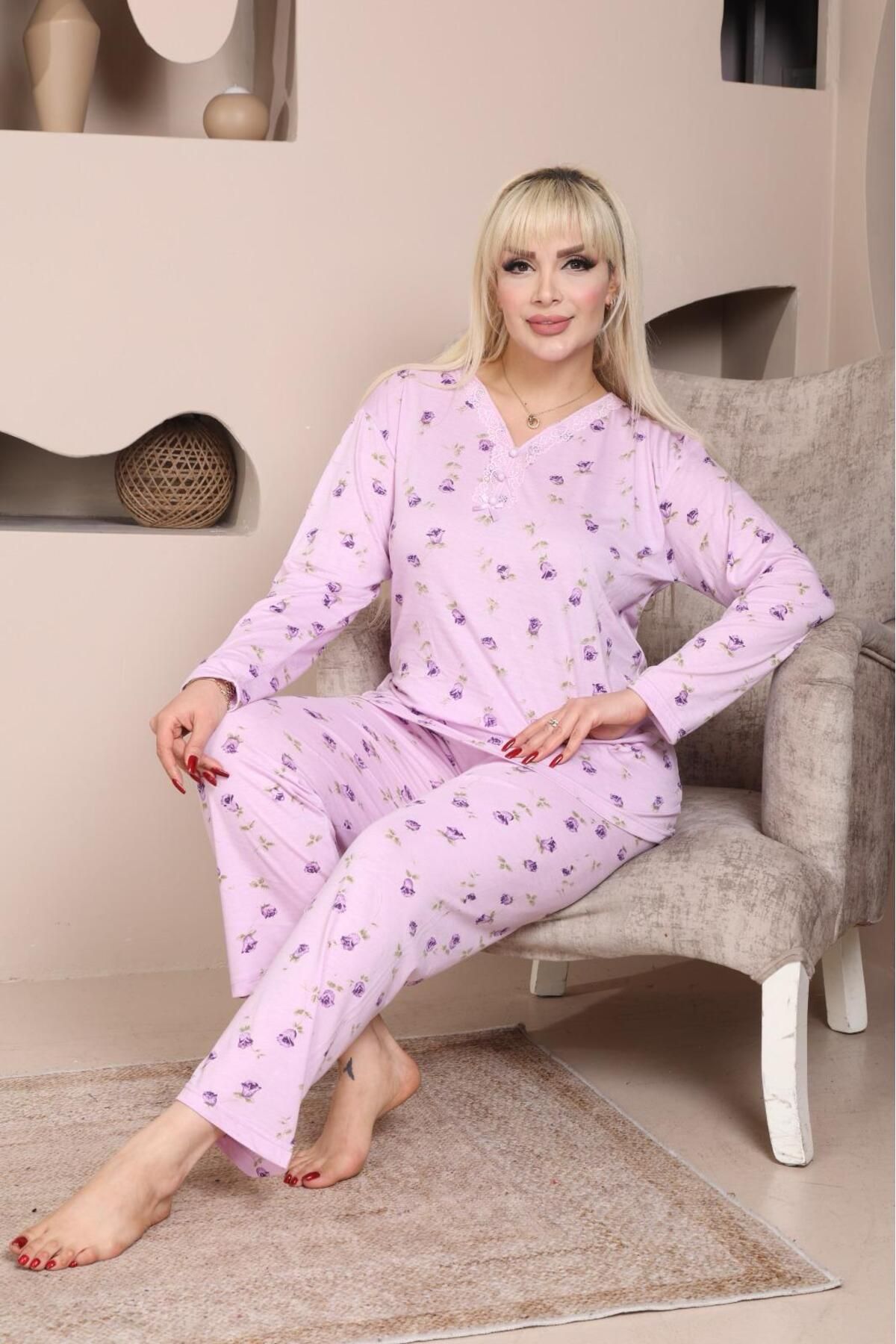Meba Kadın Büyük Beden Lila Gül Desen Yaka Düğmeli Uzun Kollu Penye Pijama Takımı