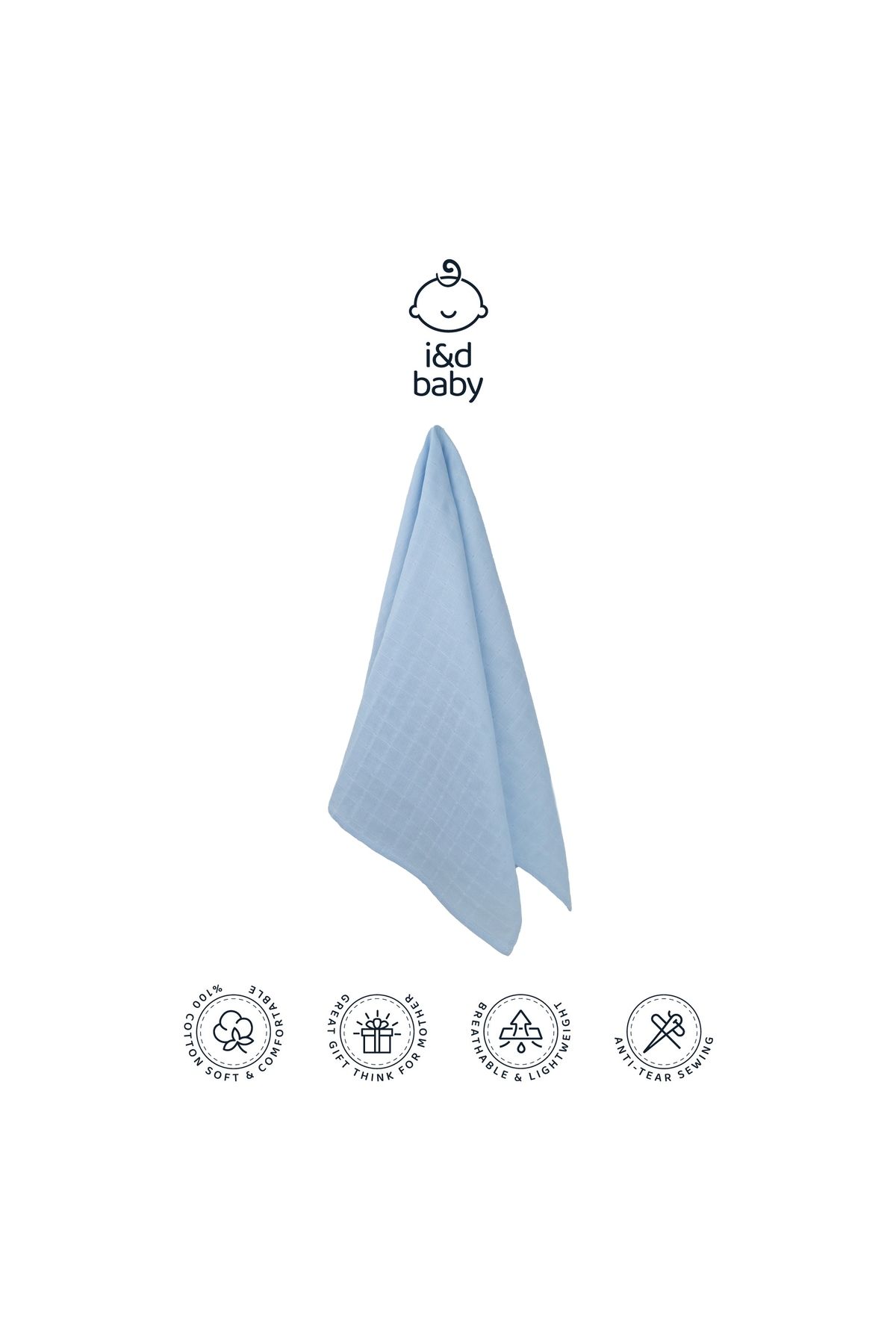 İ&DBABY 1 Adet Mavi Renk 75X75 cm %100 Pamuk Tek Katlı Müslin Kumaş Bebek Örtüsü.