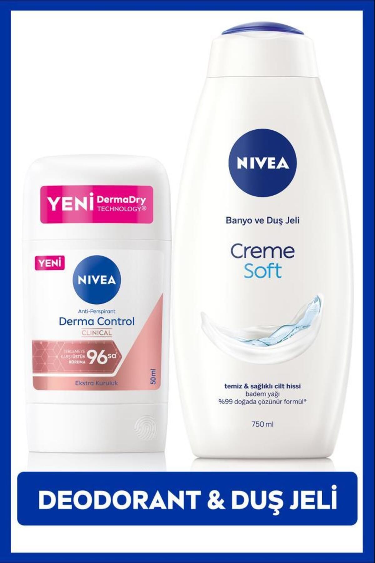 NIVEA Kadın Stick Deodorant Derma Control Clinical 50ml ve Creme Care Nemlendirici Duş Jeli 750ml