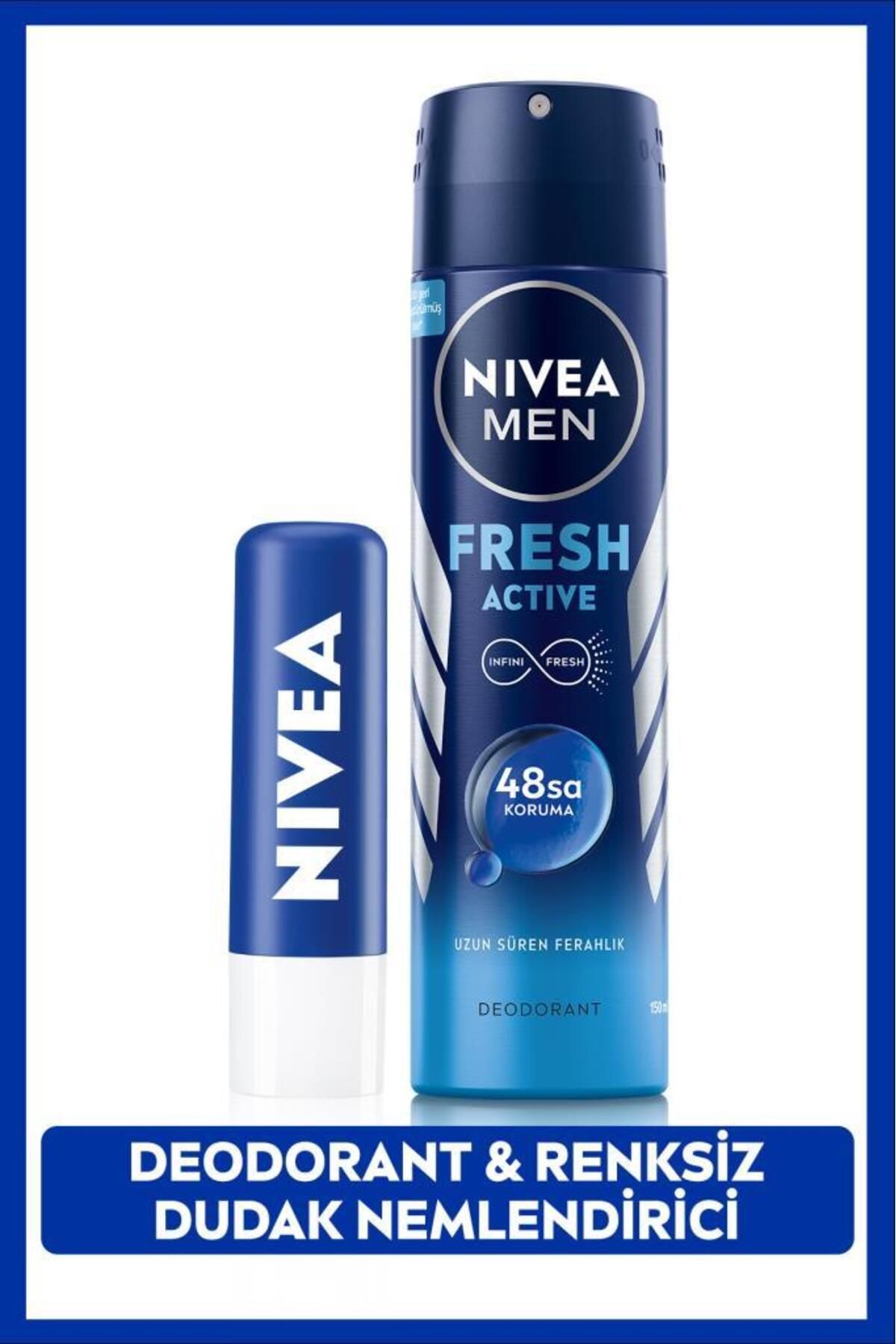 NIVEA MEN Erkek Sprey Deodorant Fresh Active 150ml ve Original Care Renksiz Dudak Bakım Kremi