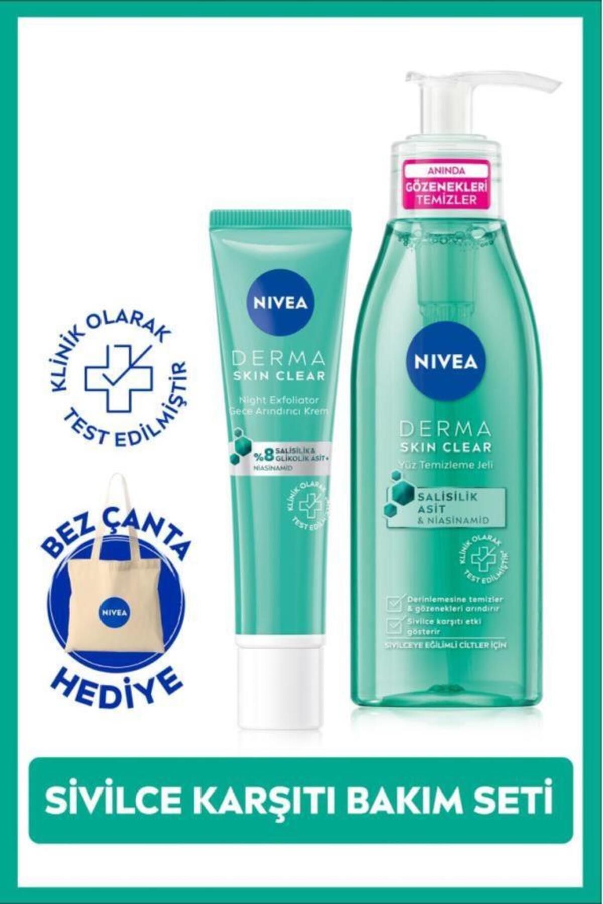 NIVEA Derma Skin Clear Sivilce Karşıtı Yüz Temizleme Jeli 150ml Ve Gece Kremi 40ml,bez Çanta Hediye