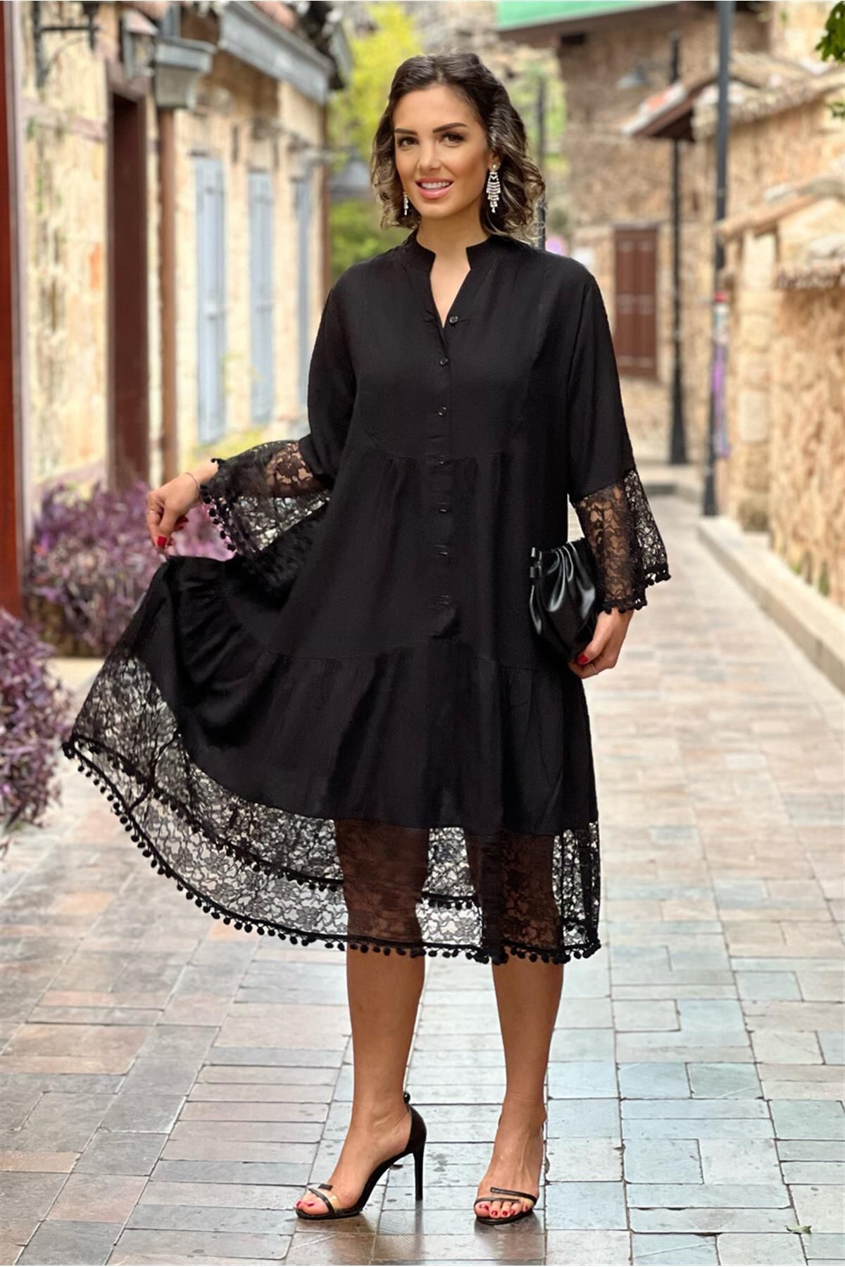 Nevin Kaya Moda Siyah Prenses Midi Boy Güpürlü %100 Pamuk Elbise