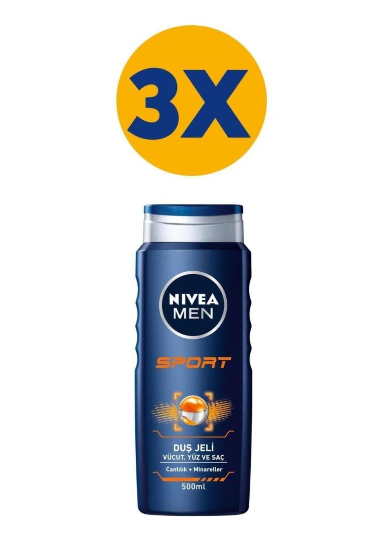 NIVEA MEN Erkek Banyo ve Duş Jeli Sport 500mlx3, Yüz,Vücut ve Saç İçin,Canlandırıcı Mineraller