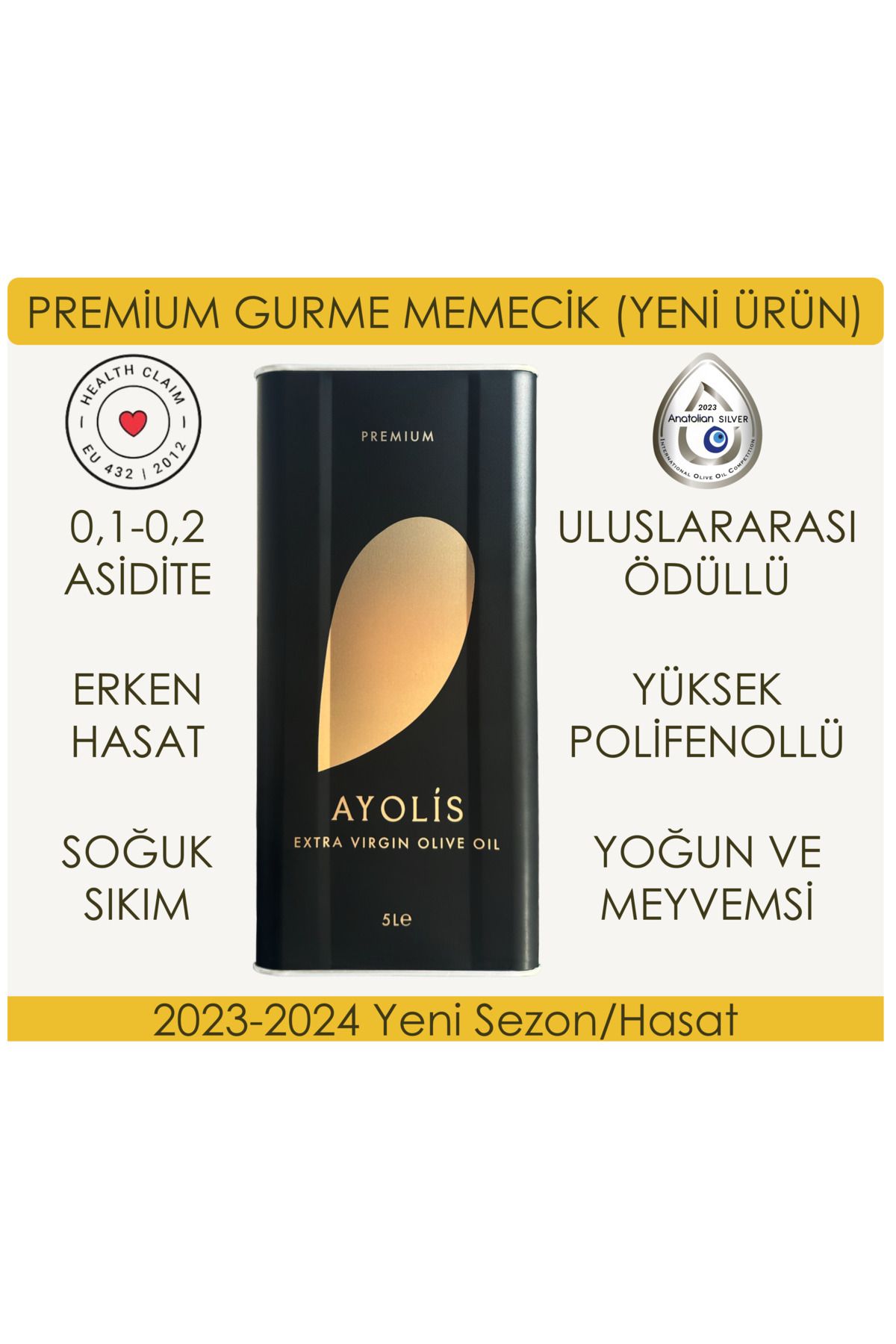 Ayolis Premium Gurme Memecik 5 Lt Yüksek Polifenollü Erken Hasat Soğuk Sıkım Natürel Sızma Zeytinyağı