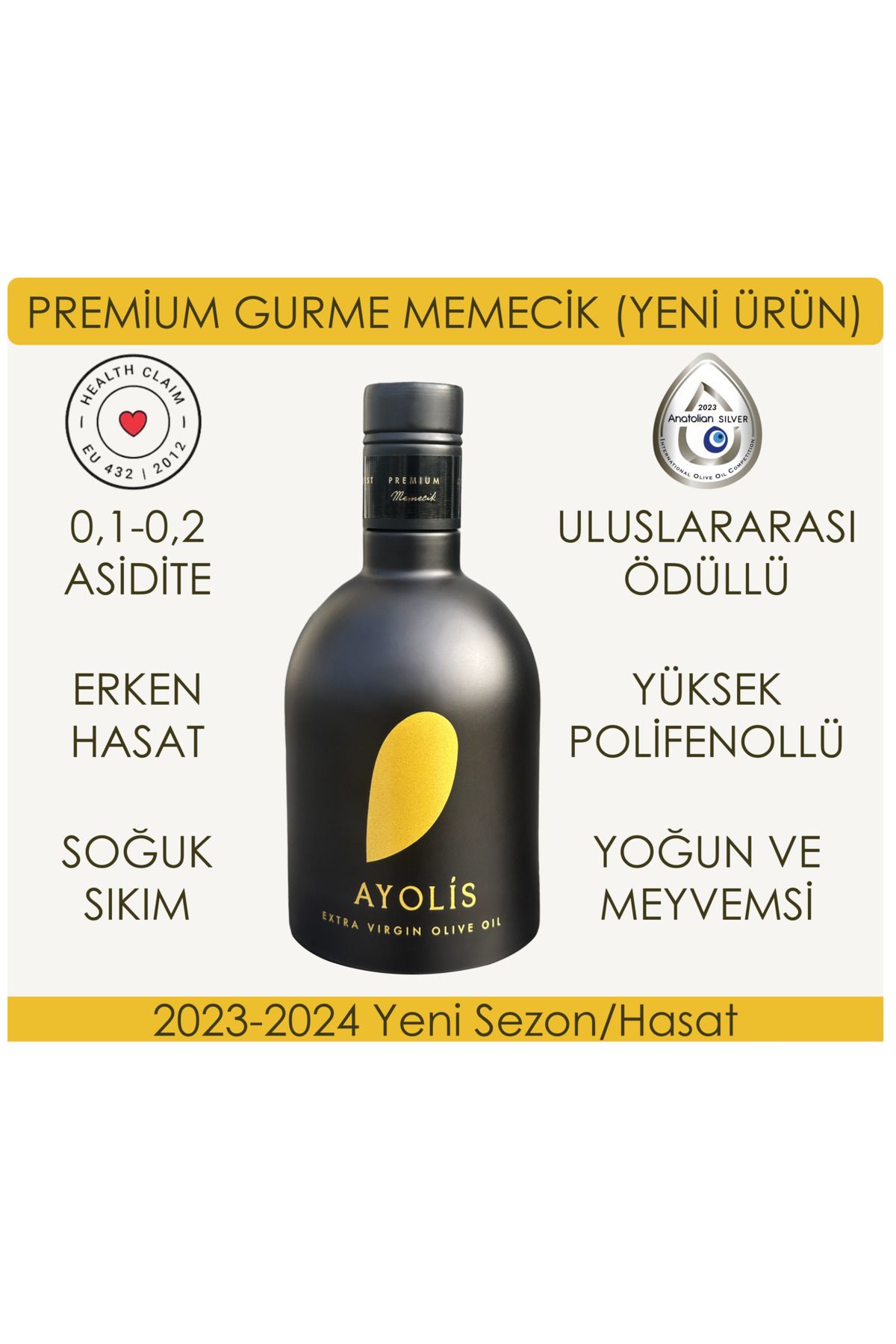 Ayolis Premium Gurme Memecik 500 Ml Yüksek Polifenollü Erken Hasat Soğuk Sıkım Natürel Sızma Zeytinyağı
