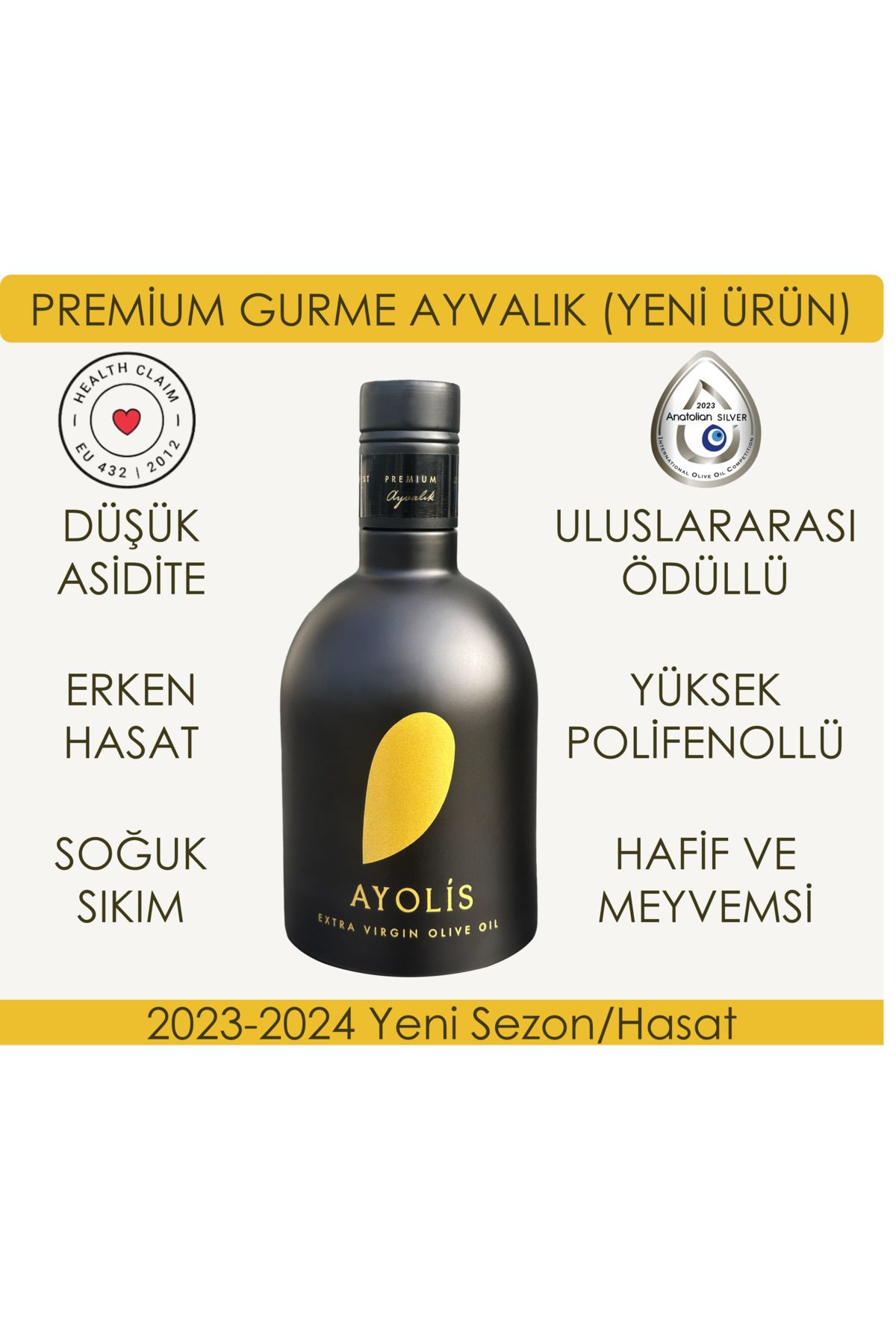 Ayolis Premium Gurme Ayvalık 500 Ml Yüksek Polifenollü Erken Hasat Soğuk Sıkım Natürel Sızma Zeytinyağı