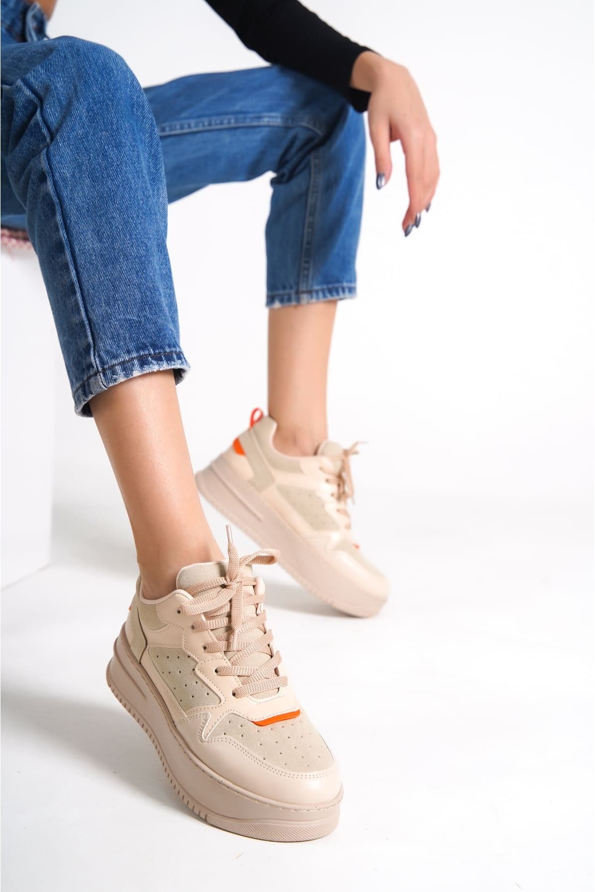 Mardel Store Bağcıklı Ortopedik Taban Kadın Sneaker Ayakkabı TT Ten Turuncu