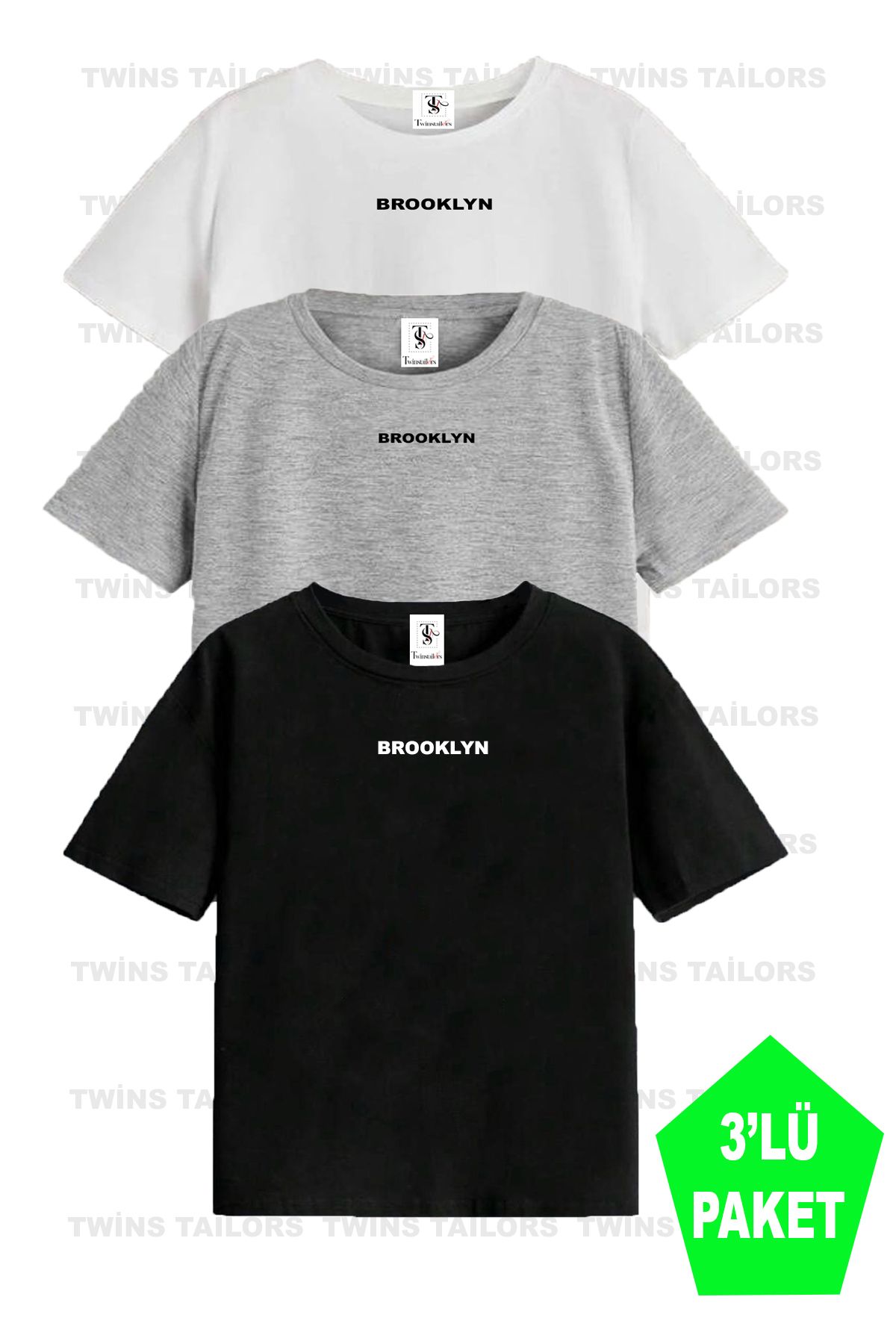 twins tailors Brooklyn Baskılı 3'lü Paket Unisex Siyah-Beyaz-Gri Çocuk Tişört/T-Shirt