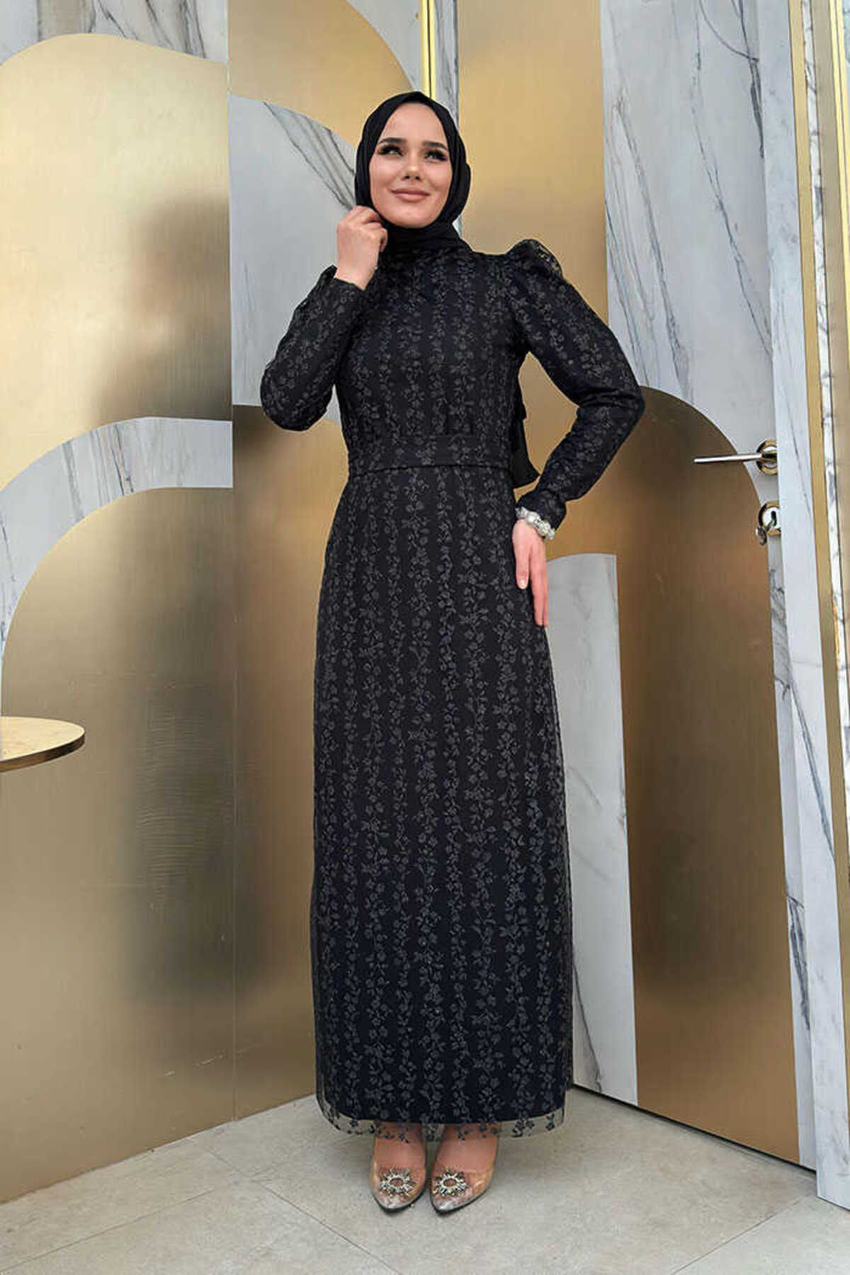 Bym Fashion Çiçek Desenli Simli Tül Abiye Elbise 1108 Siyah