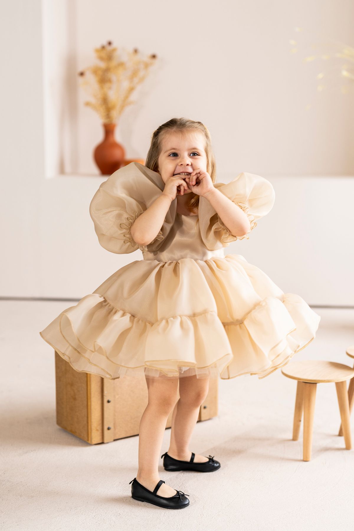 Linola Baby Kids Bej Şifon Kız Çocuk Parti Elbisesi - Puffy
