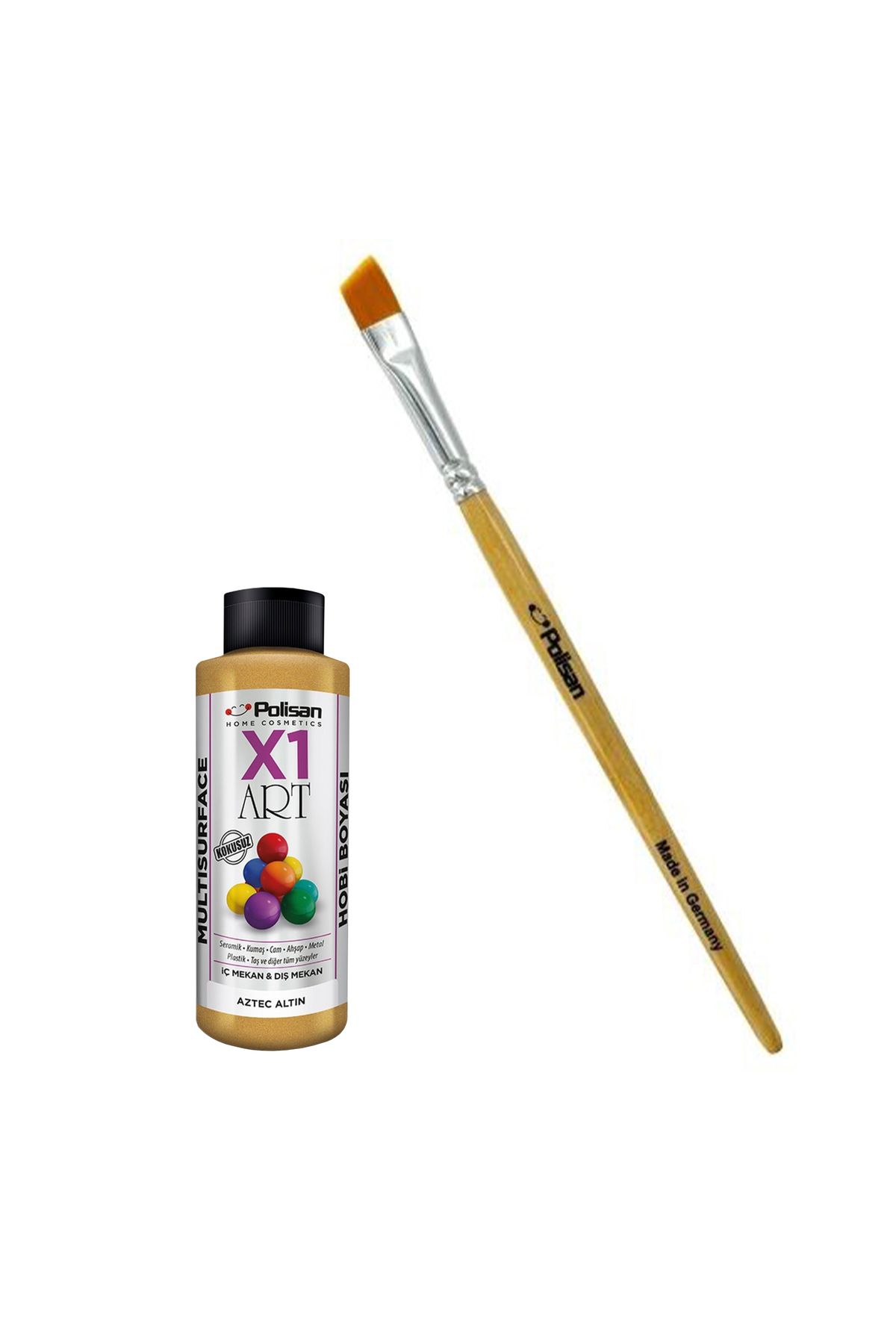 Polisan X1 Art Yaldızlı Akrilik Hobi Boyası 120ml - Aztek Altın + X1 Art Yan Kesik Uçlu Pro Ipek Fırça 10 mm