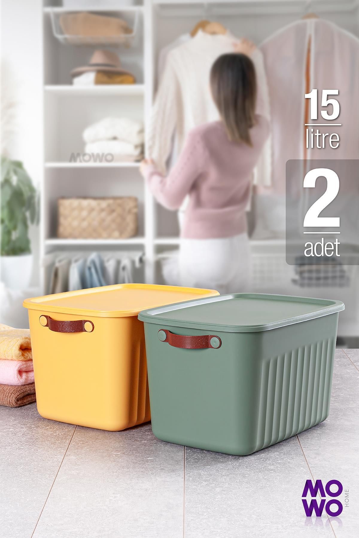 Mowo Home Storage Box Yeşil-Sarı 2 Adet 15 Lt Çok Amaçlı Düzenleyici Kapaklı Kutu, Dekoratif Saklama Kutusu, O